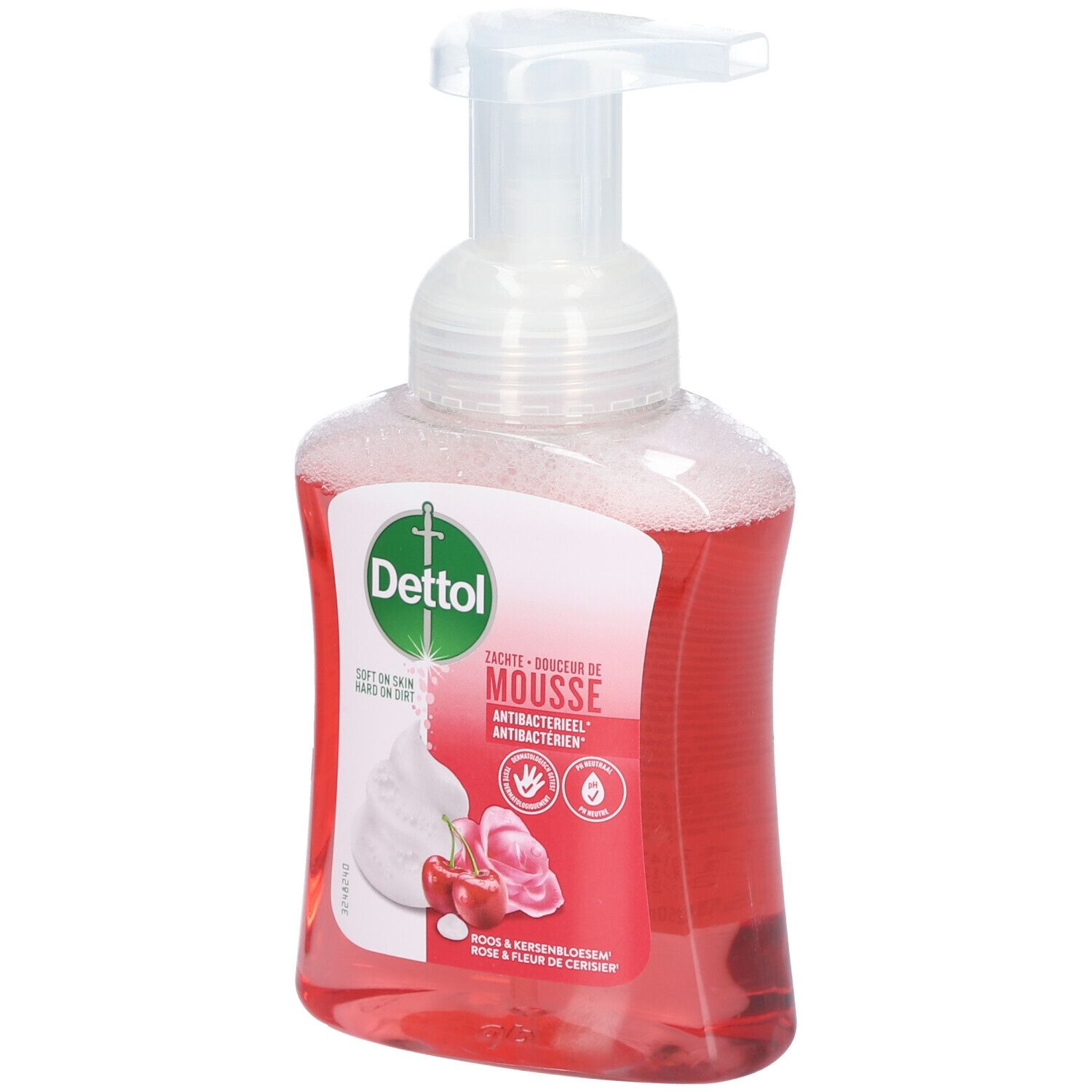 Antibacteriële handzeep met dispenser. Roze vloeistof, wit schuim, kers en bloem afgebeeld. Dettol-logo.