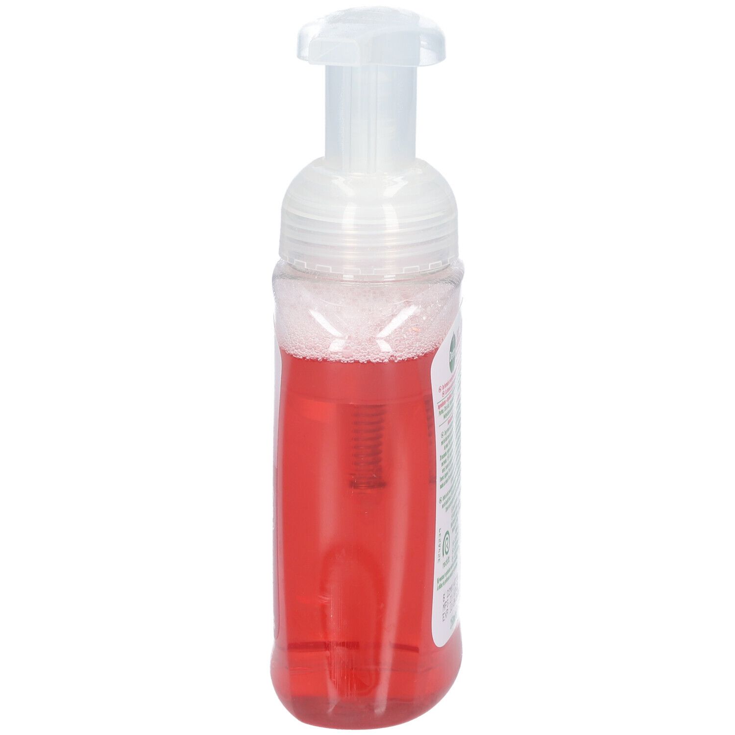 Antibacteriële handzeep met dispenser. Roze vloeistof zichtbaar. Transparante dispenser.