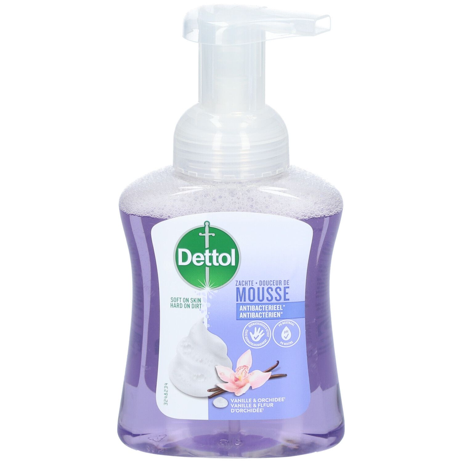 Fles met pomp. Label met logo en productnaam. Vanille- en orchidee-illustratie.