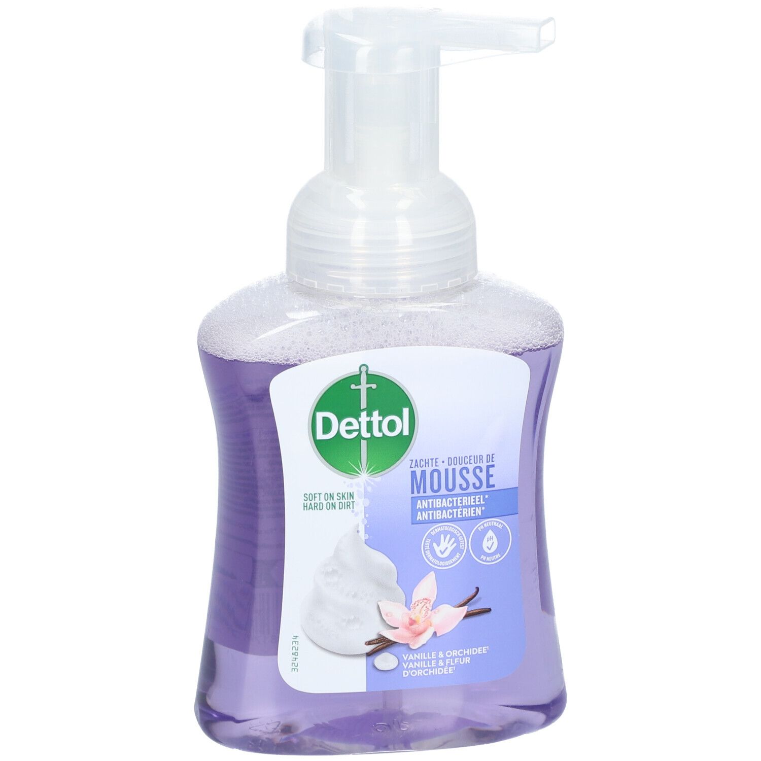 Fles met pomp. Label met logo en productnaam. Vanille- en orchidee-illustratie.