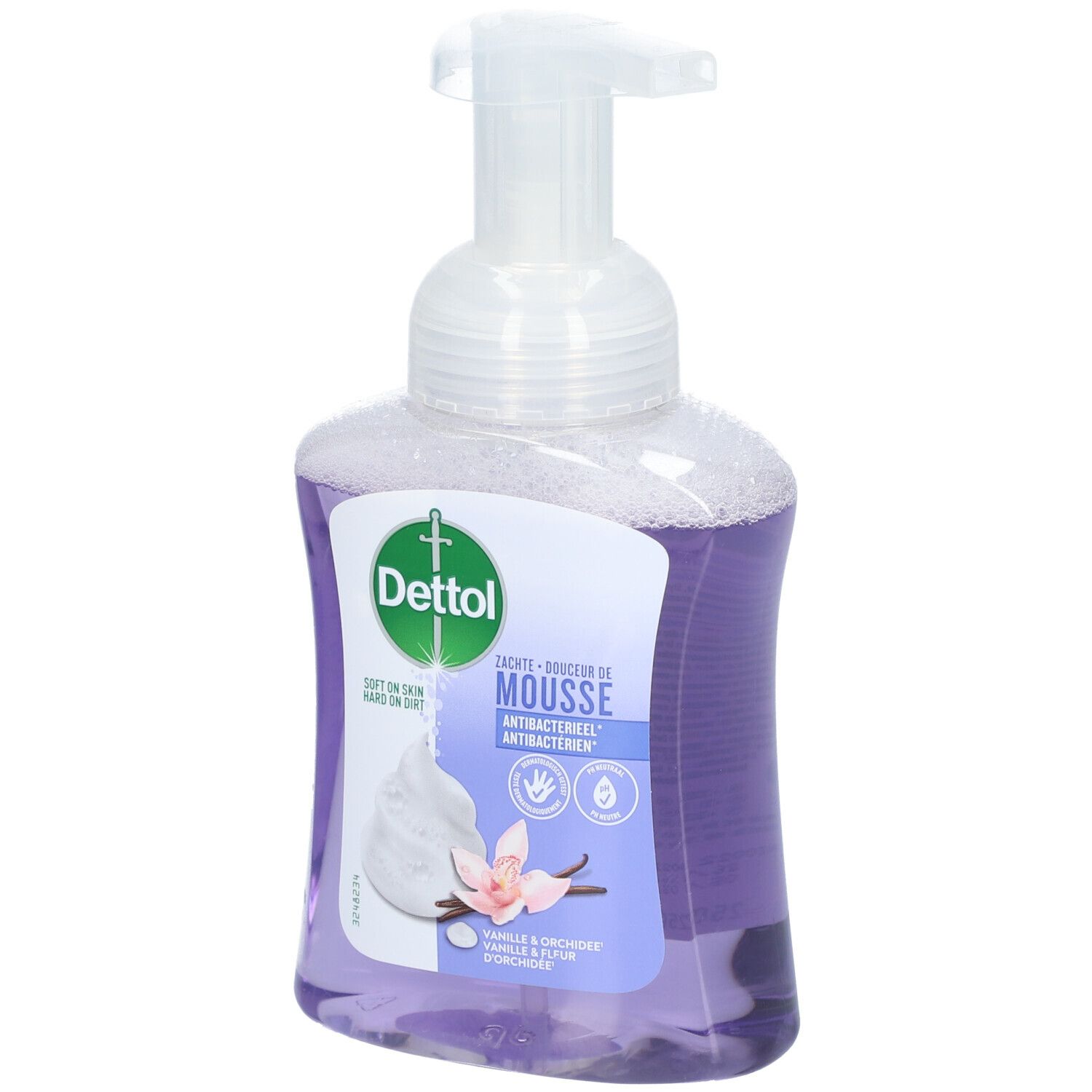 Fles met pomp. Label met logo en productnaam. Vanille- en orchidee-illustratie.