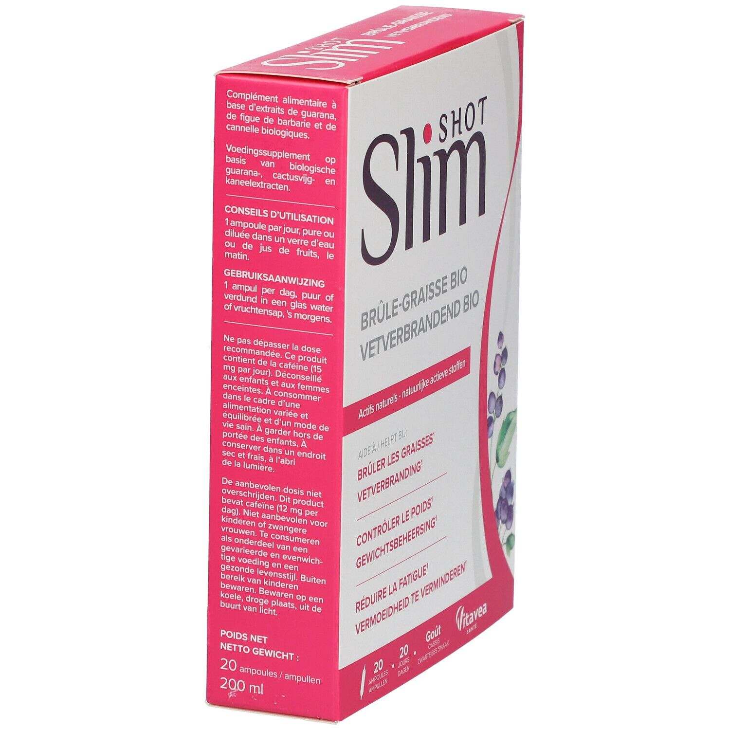 Vue latérale de la boîte Slimshot Brûle-Graisse Bio. Contient 20 ampoules. Ingrédients visibles.