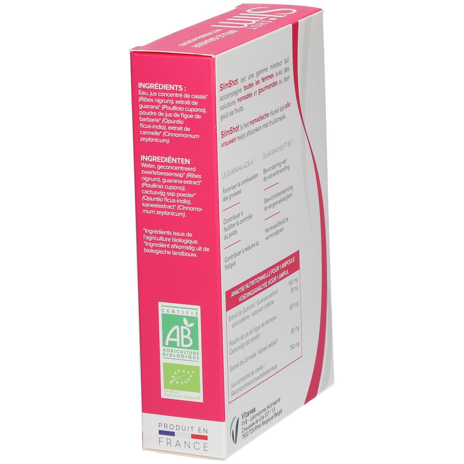 Vue latérale de la boîte Slimshot Brûle-Graisse Bio. Certifié AB Bio. Ingrédients visibles.
