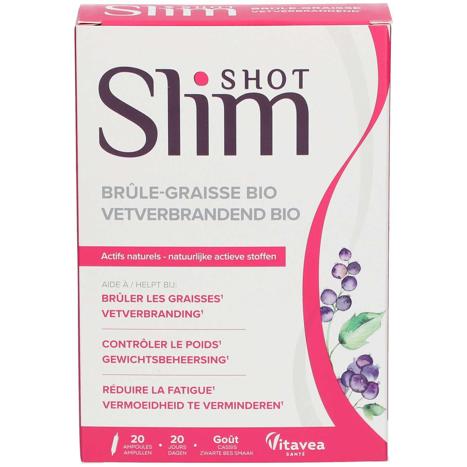 Vue de face de la boîte Slimshot Brûle-Graisse Bio. Contient 20 ampoules. Logo visible.