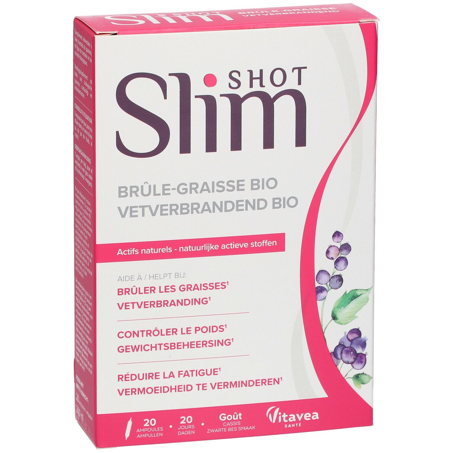 Vue de face de la boîte Slimshot Brûle-Graisse Bio. Contient 20 ampoules. Logo visible.