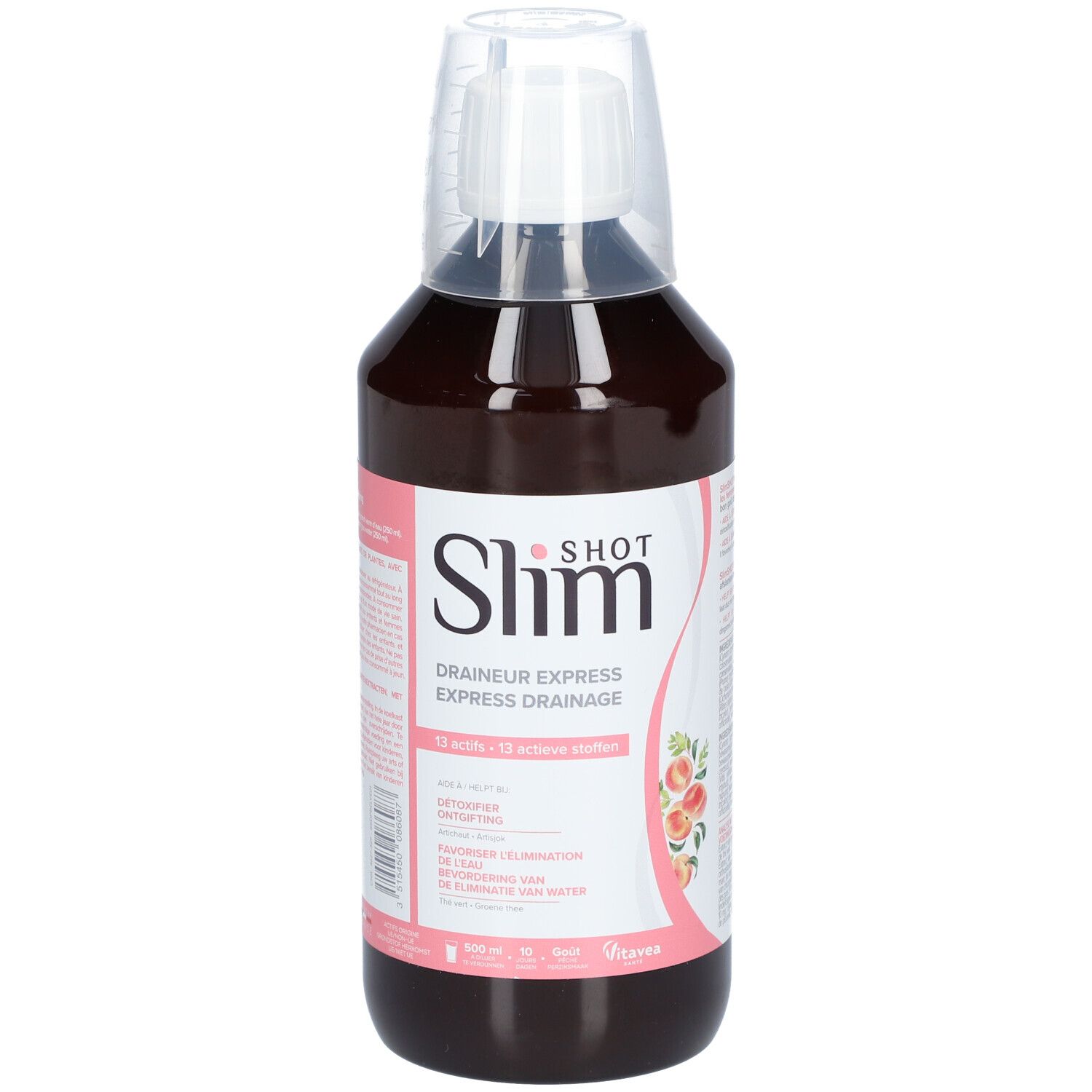Bruine vloeistof in fles met maatbeker. Opschrift: Slim Shot Draineur Express Drainage.