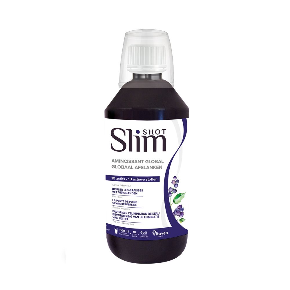 Flacon de liquide foncé avec bouchon doseur. Inscription: Slim Shot, Amincissant Global. 10 actifs.