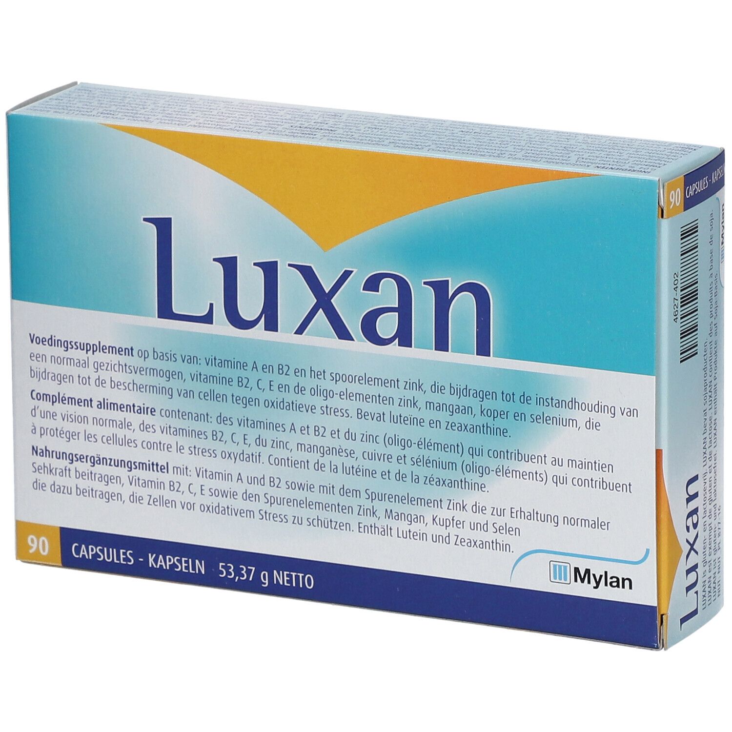 Boîte de gélules Luxan. Inscriptions : 90 gélules, 53,37 g net. Contient des informations en plusieurs langues.