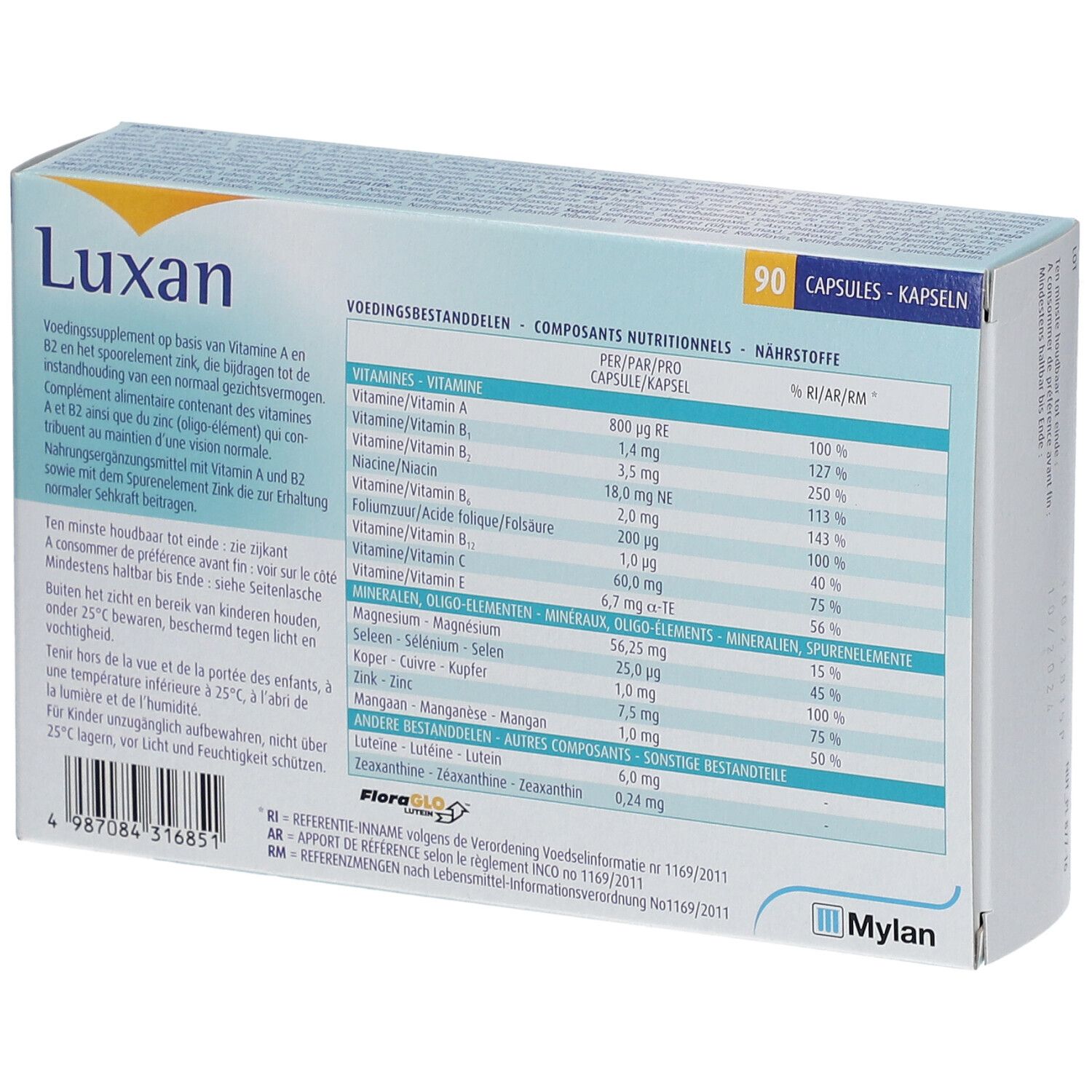 Dos de la boîte de gélules Luxan. Contient des informations nutritionnelles et des ingrédients. Marque : Mylan.