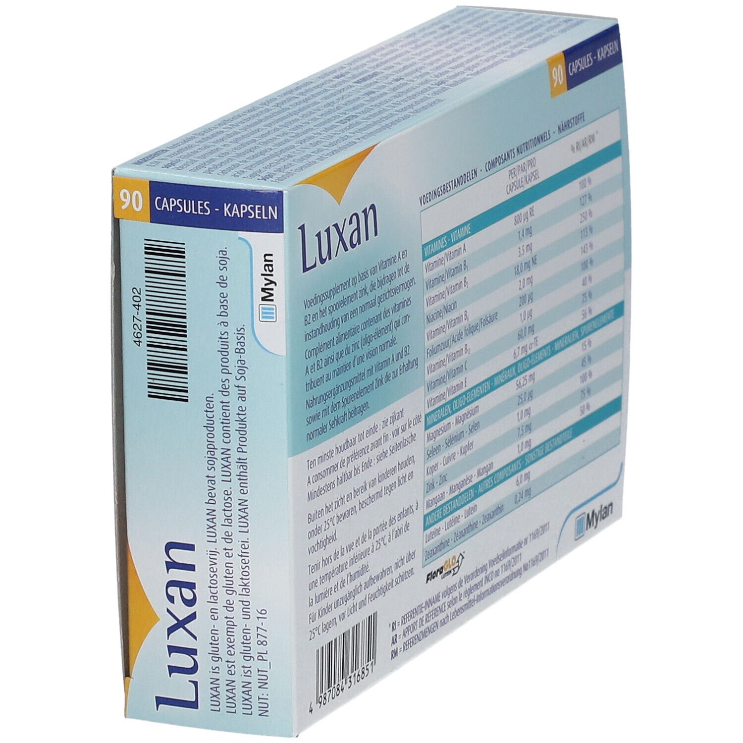 Boîte de gélules Luxan. Inscriptions : 90 gélules. Contient des informations en plusieurs langues. Marque : Mylan.