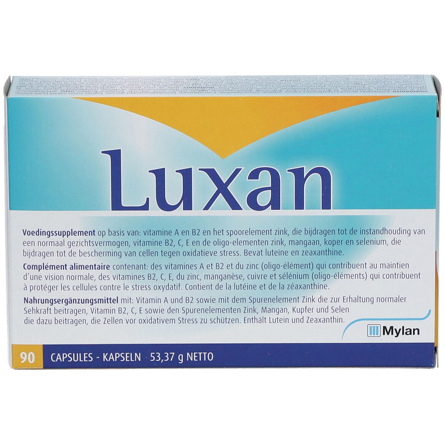Boîte de gélules Luxan. Inscriptions : 90 gélules, 53,37 g net. Contient des informations en plusieurs langues.