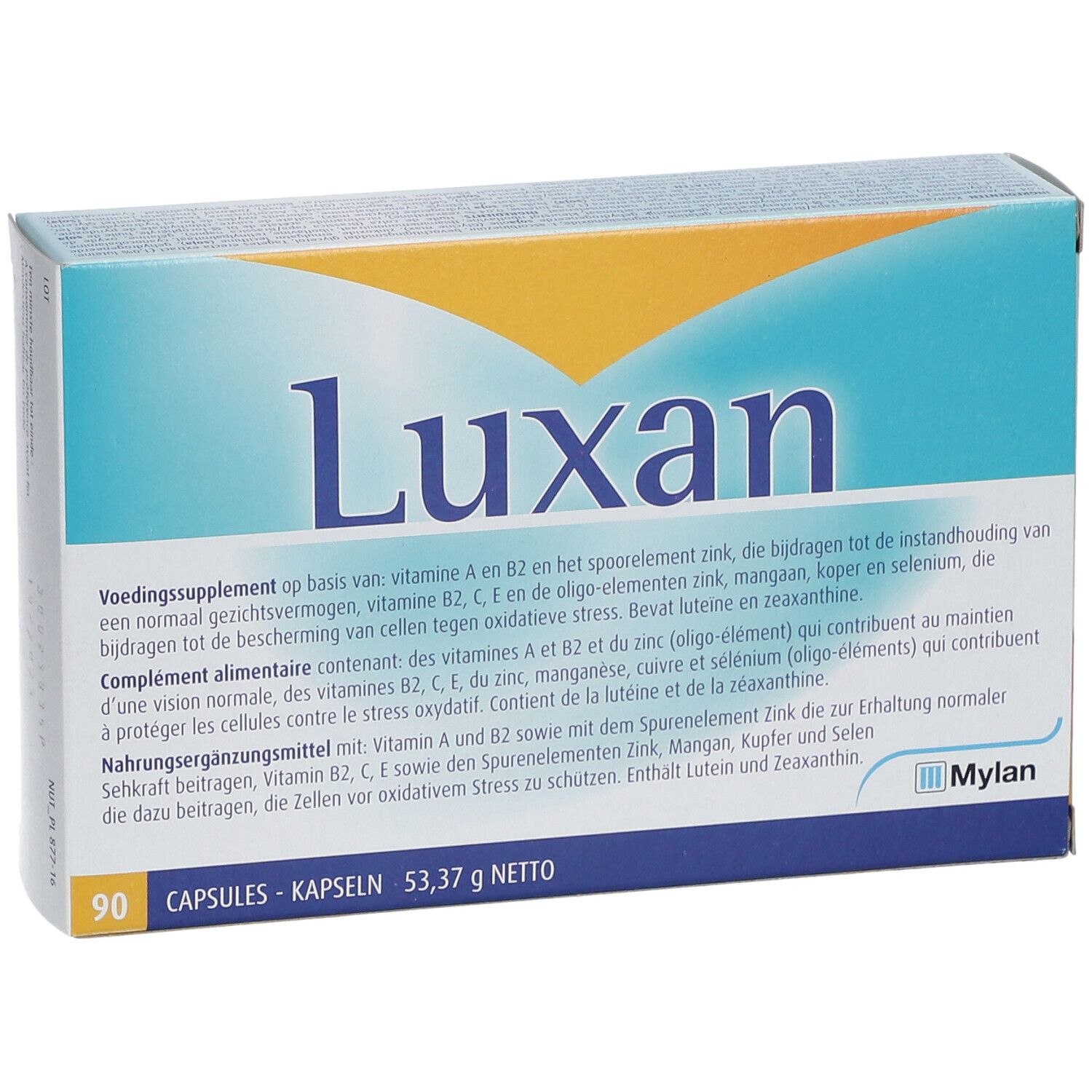 Boîte de gélules Luxan. Inscriptions : 90 gélules, 53,37 g net. Contient des informations en plusieurs langues.