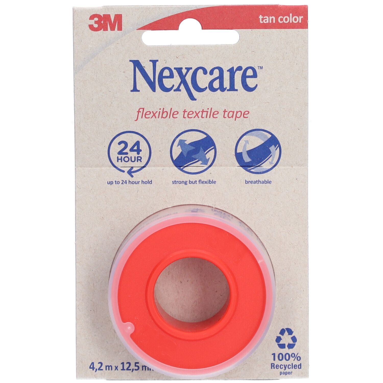 Rouleau de ruban textile flexible Nexcare, couleur chair. Emballage avec logo, texte et logo 3M.