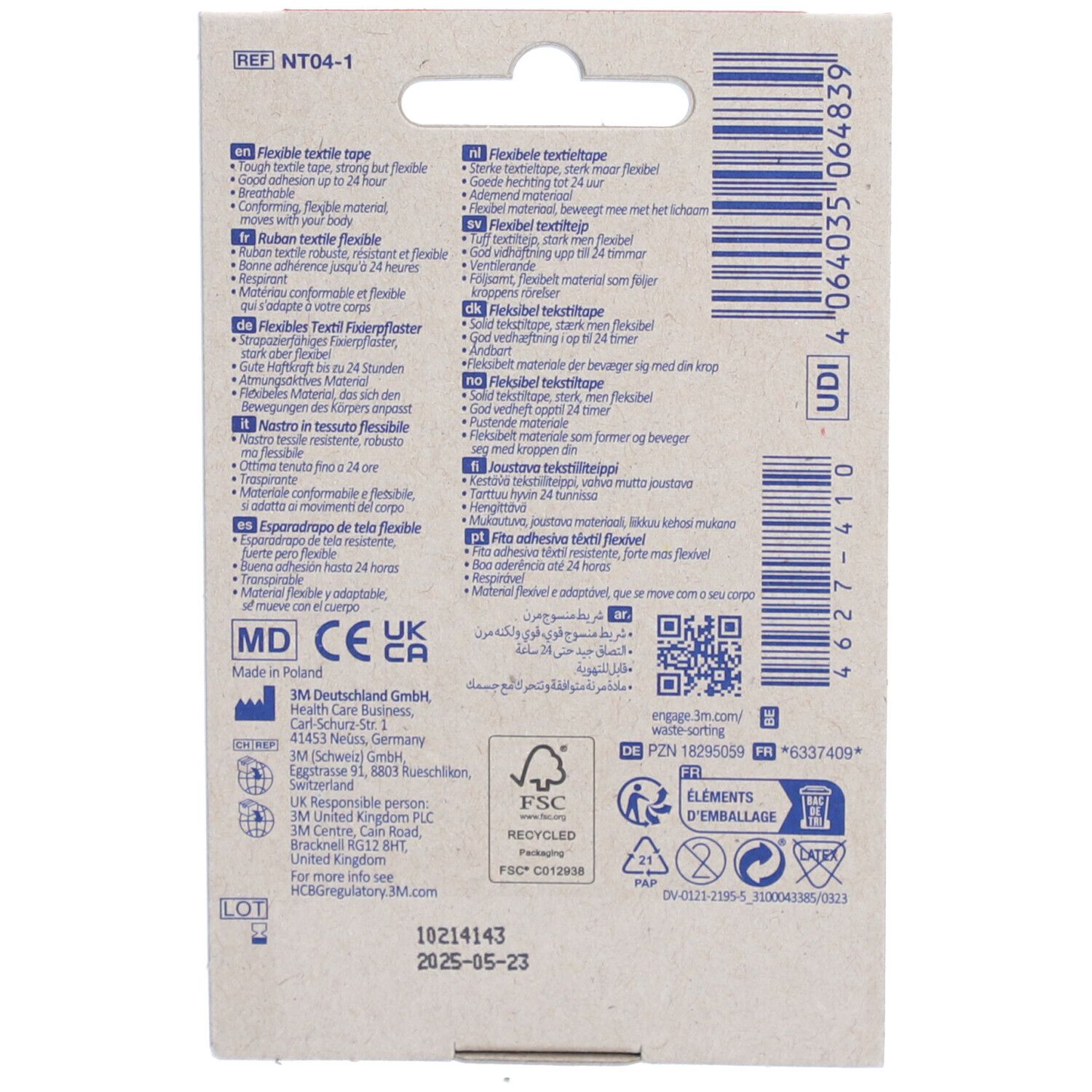 Dos de l'emballage du ruban textile Nexcare. Texte multilingue, code QR, logo de recyclage et certifications.