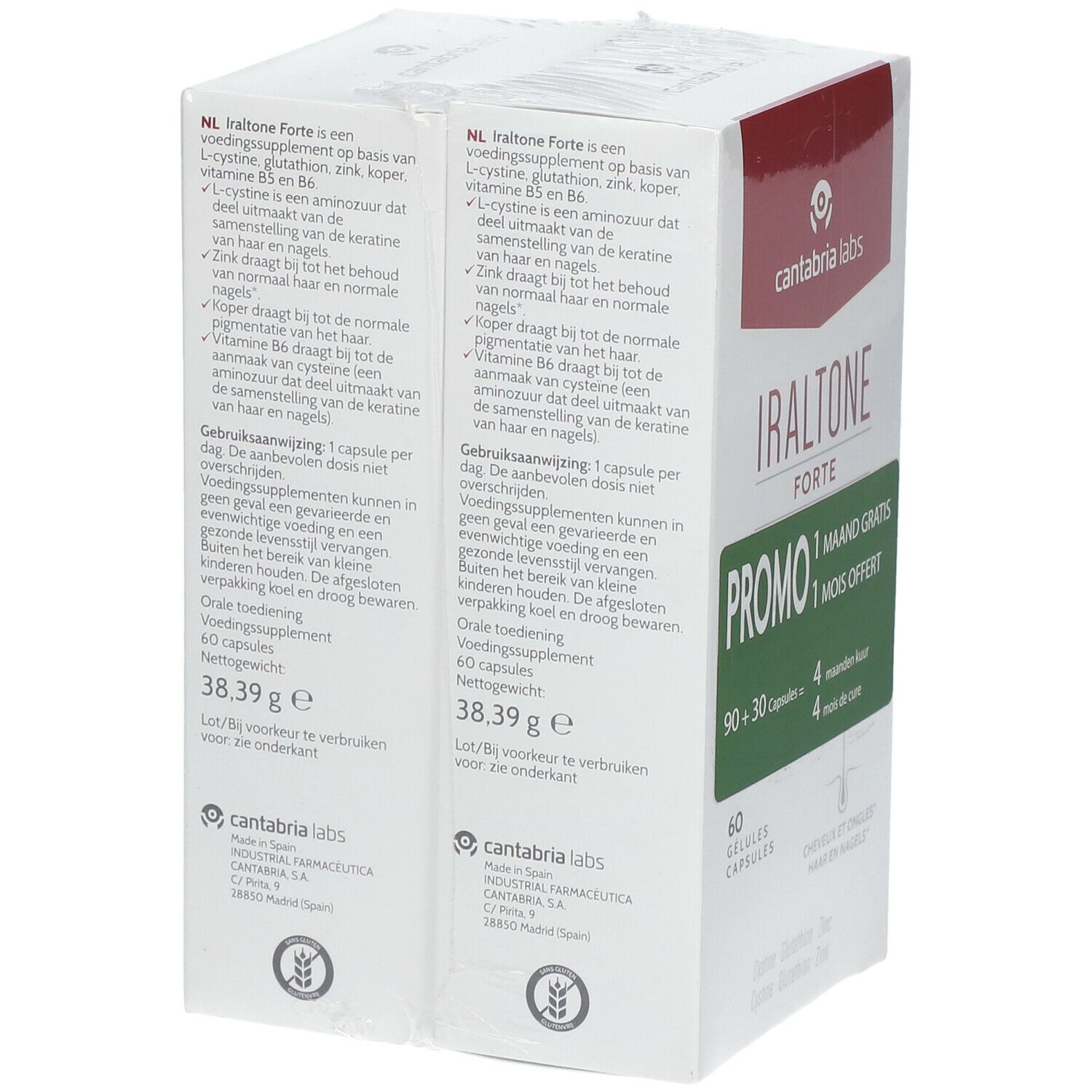 Dos de l'emballage Iraltone Forte DUO. Contient du texte en néerlandais. Marque : Cantabria Labs. Contient 60 gélules.