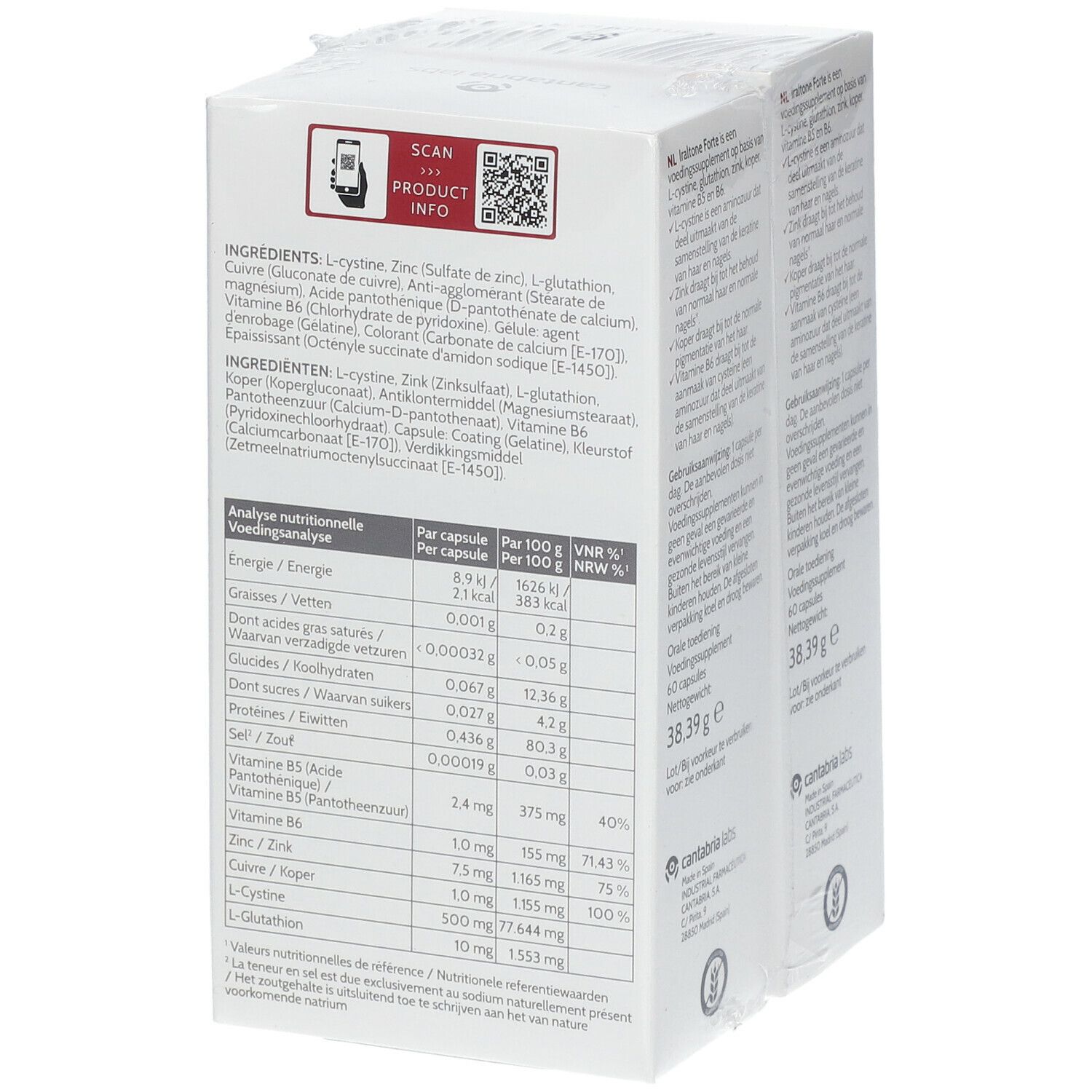 Dos de l'emballage Iraltone Forte DUO. Contient ingrédients et informations nutritionnelles. Marque : Cantabria Labs. Contient 60 gélules.