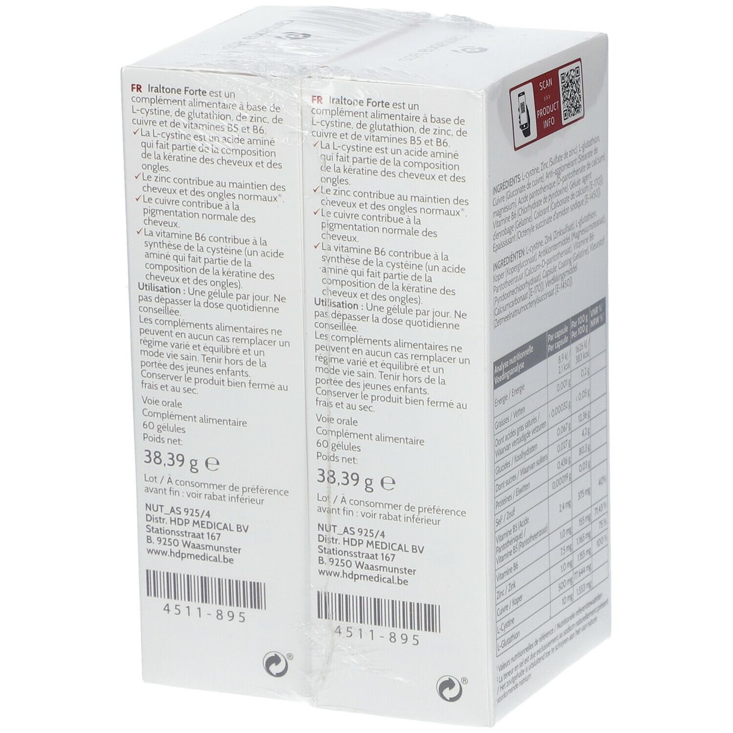 Dos de l'emballage Iraltone Forte DUO. Contient du texte en plusieurs langues. Marque : Cantabria Labs. Contient 60 gélules.