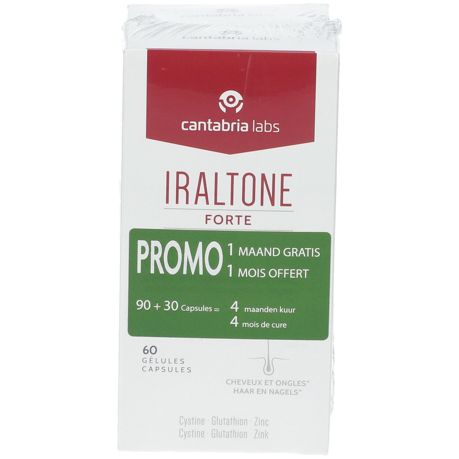 Face avant de l'emballage Iraltone Forte DUO. Carton blanc avec texte rouge et vert. Contient 60 gélules. Marque : Cantabria Labs.