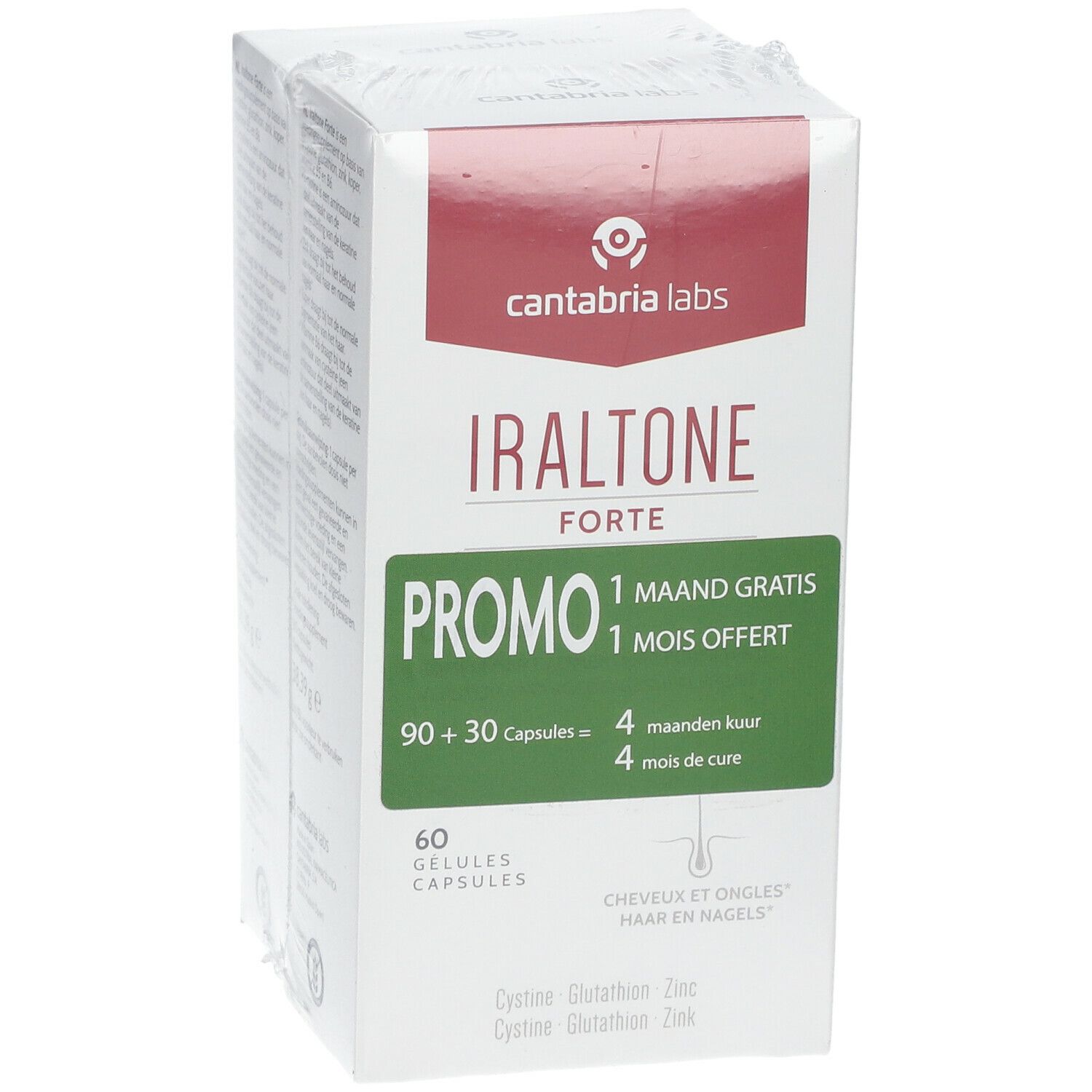 Face avant de l'emballage Iraltone Forte DUO. Carton blanc avec texte rouge et vert. Contient 90+30 gélules. Marque : Cantabria Labs.