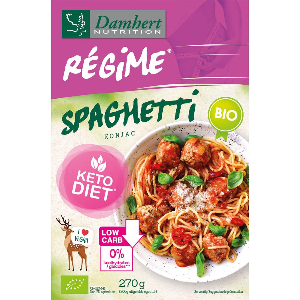 Verpakking met Konjac spaghetti. Merk Damhert Nutrition. Bio-label. Keto dieet. Afbeelding van spaghetti met tomatensaus en gehaktballen.