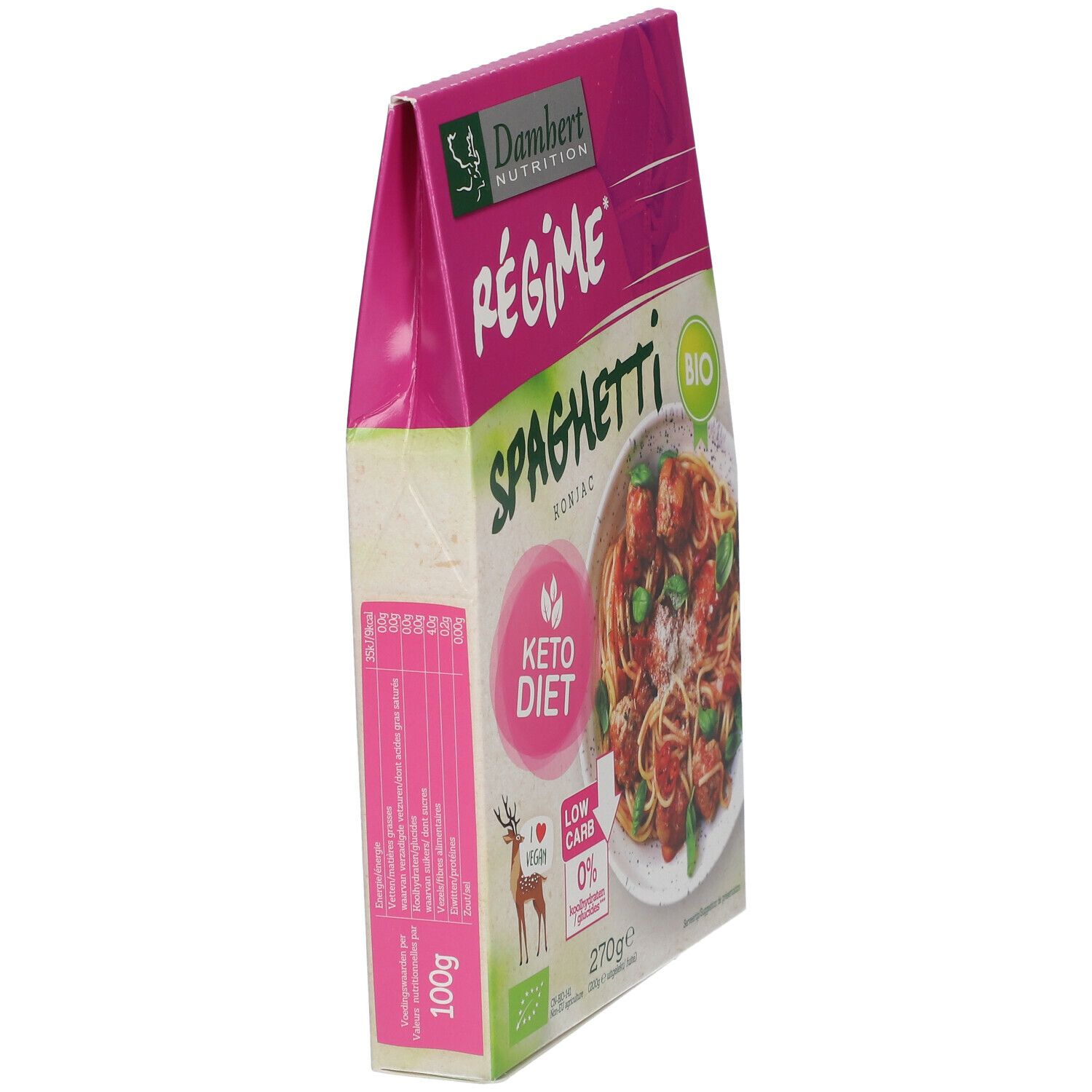 Verpakking met Konjac spaghetti. Merk Damhert Nutrition. Bio-label. Keto dieet. Zijaanzicht van de verpakking.