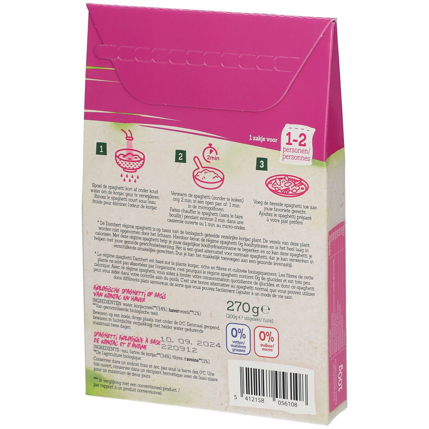 Achterkant van de verpakking met Konjac spaghetti. Merk Damhert Nutrition. Bereidingswijze. 270g. Bio-label. THT.