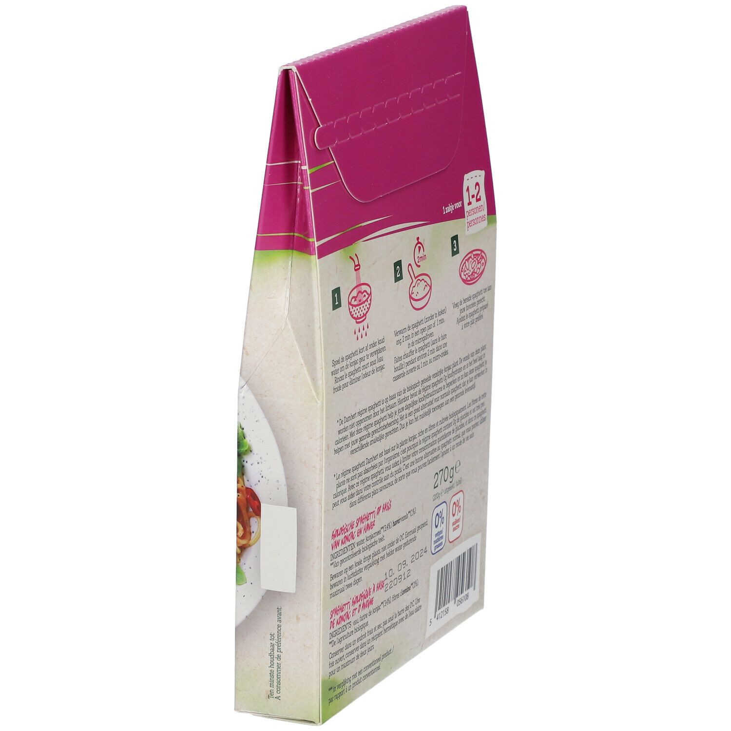 Achterkant van de verpakking met Konjac spaghetti. Merk Damhert Nutrition. Bereidingswijze. 270g. Bio-label. THT. Zijaanzicht.