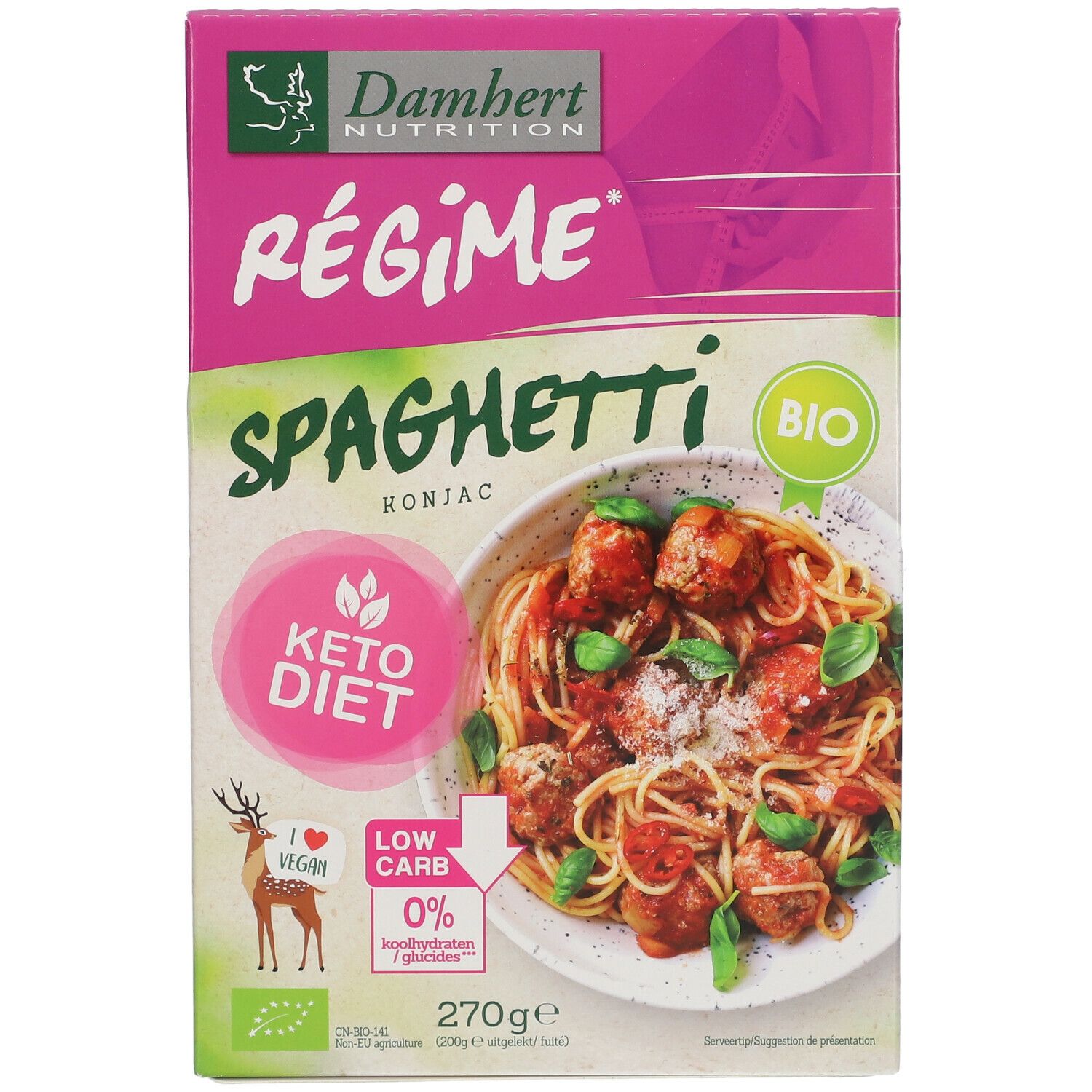 Verpakking met Konjac spaghetti. Merk Damhert Nutrition. Bio-label. Keto dieet. Afbeelding van spaghetti met tomatensaus en gehaktballen.