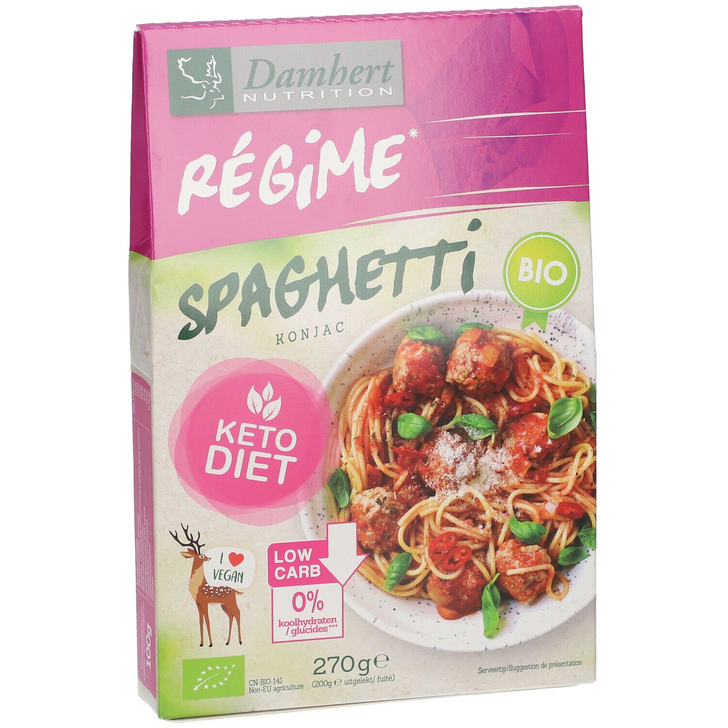 Verpakking met Konjac spaghetti. Merk Damhert Nutrition. Bio-label. Keto dieet. Afbeelding van spaghetti met tomatensaus en gehaktballen.