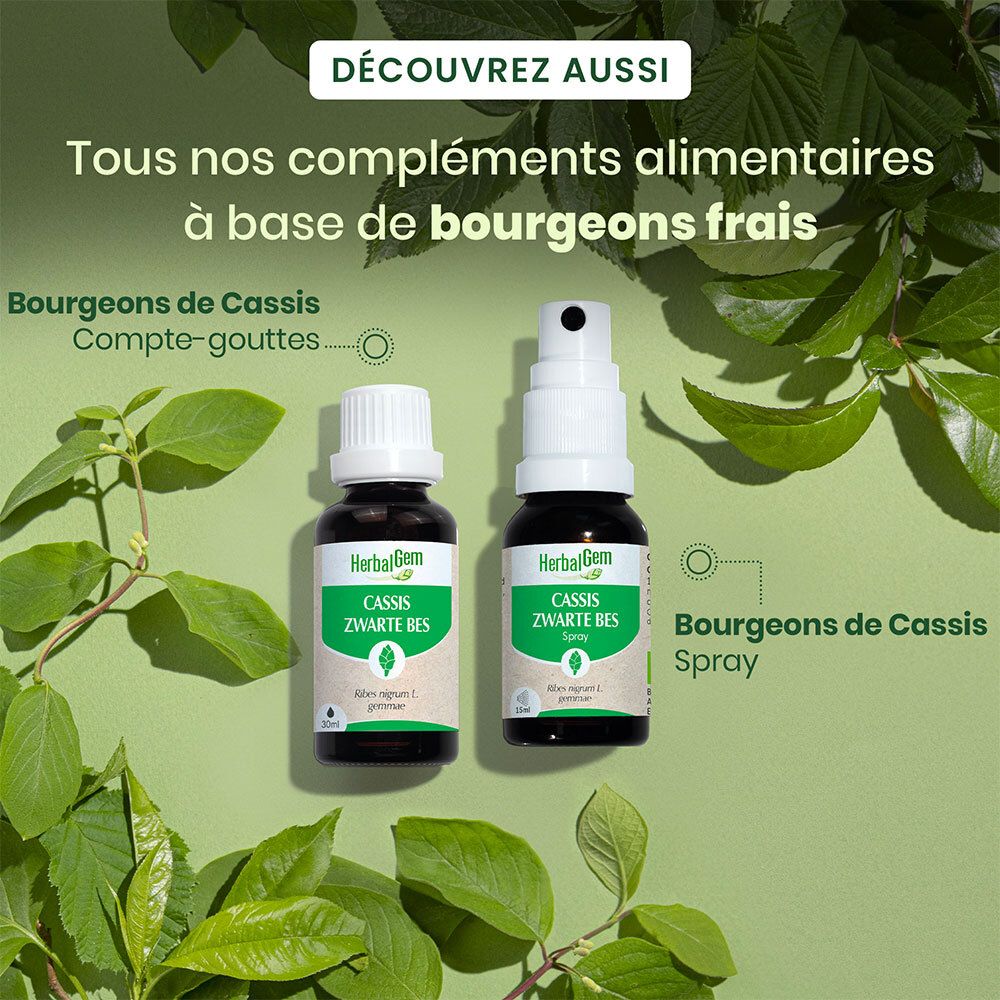 Deux flacons et des feuilles. Texte: Compléments alimentaires à base de bourgeons frais.