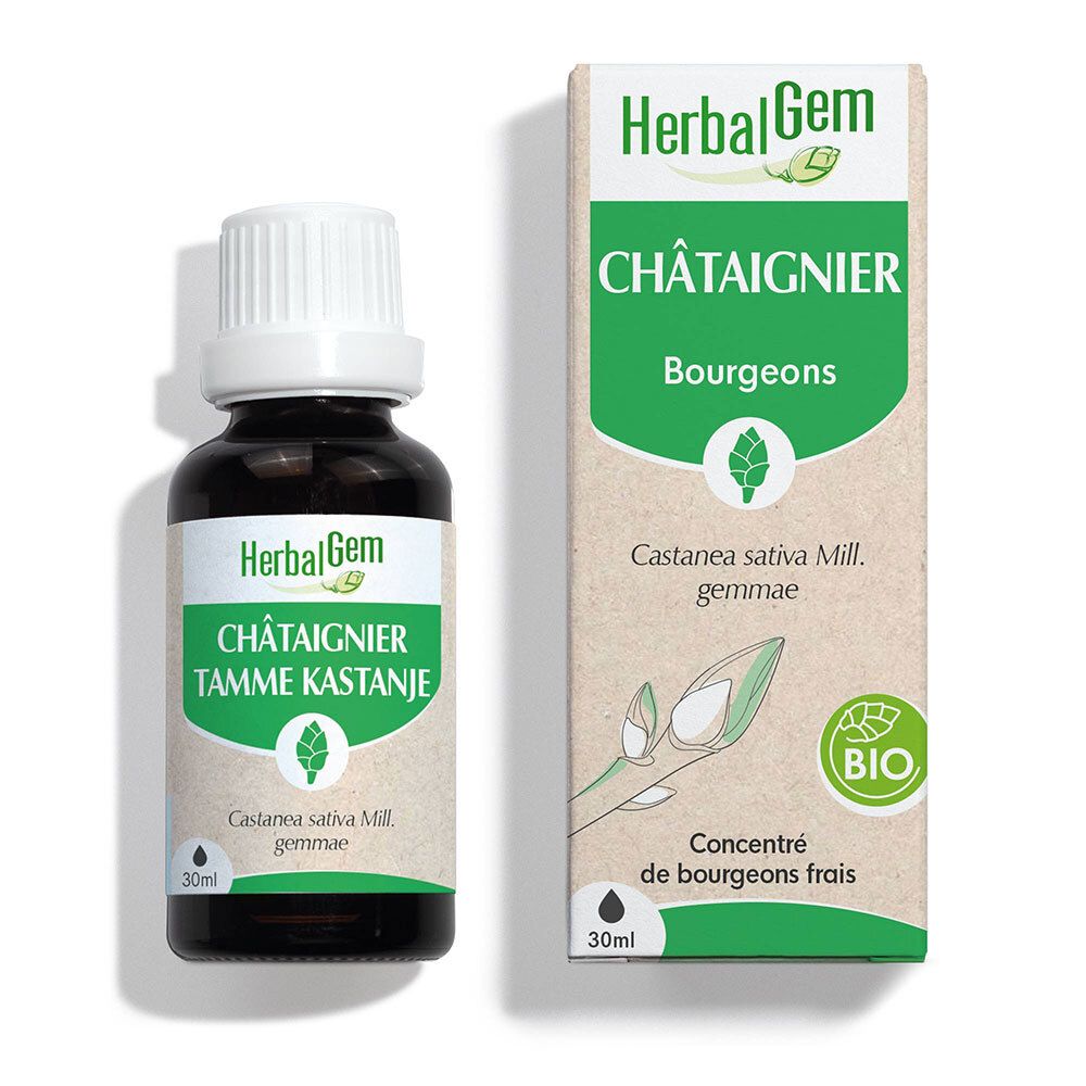 Braune Glasflasche mit weißem Verschluss und Etikett. Karton daneben mit Produktinformationen und Bio-Siegel.