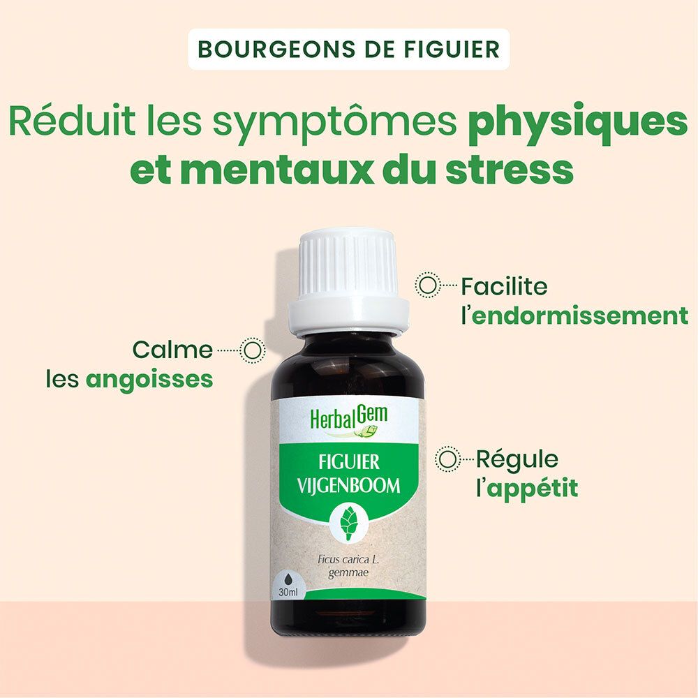 Flacon avec texte et illustrations. Texte: Réduit le stress, calme l'anxiété, favorise le sommeil, régule l'appétit.