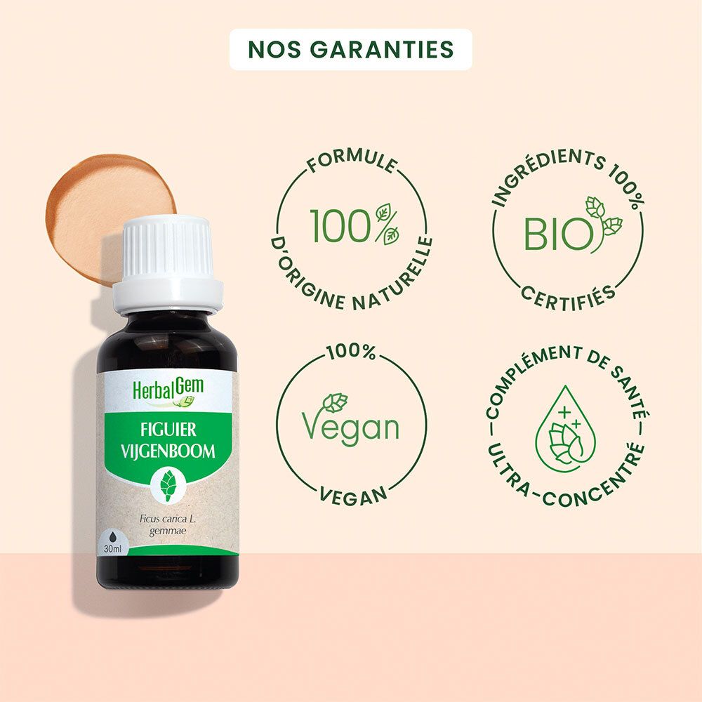 Flacon avec logos. Logos: Ingrédients 100% naturels, certification bio, vegan, ultra-concentré.