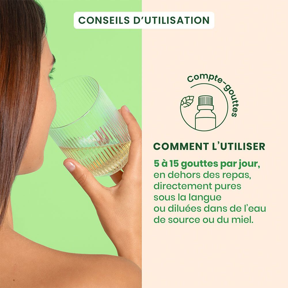 Femme buvant un liquide dans un verre. Texte: Utilisation: 5-15 gouttes par jour, avant les repas, sous la langue ou dans l'eau.