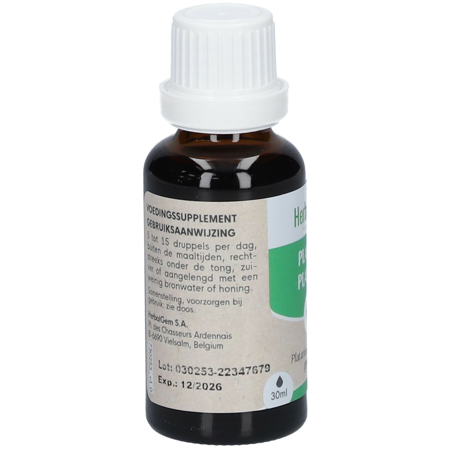 Braune Glasflasche mit weißem Verschluss. Etikett mit Text: VOEDINGSSUPPLEMENT. Text in Niederländisch. 30ml.
