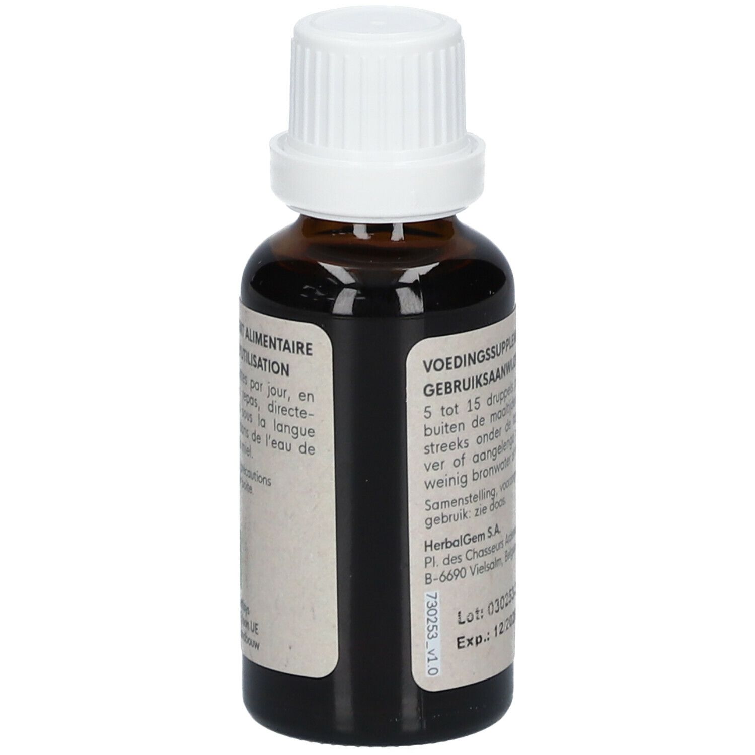 Braune Glasflasche mit weißem Verschluss. Etikett mit Text in Niederländisch. 30ml. Aufdruck: Lot: 030253-22347679 Exp: 12/2026.