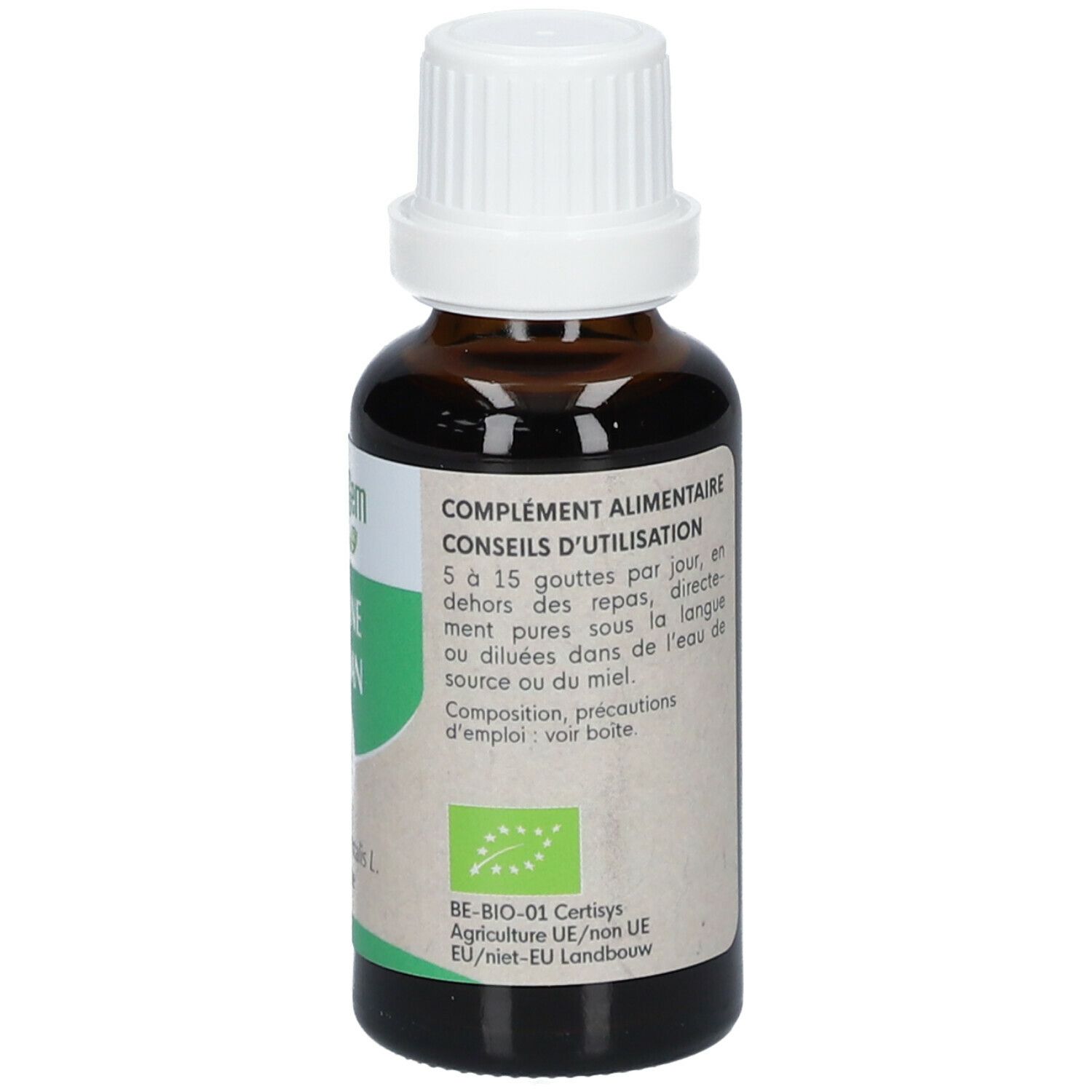 Braune Glasflasche mit weißem Verschluss. Etikett mit Text in Französisch. 30ml. Bio-Siegel.