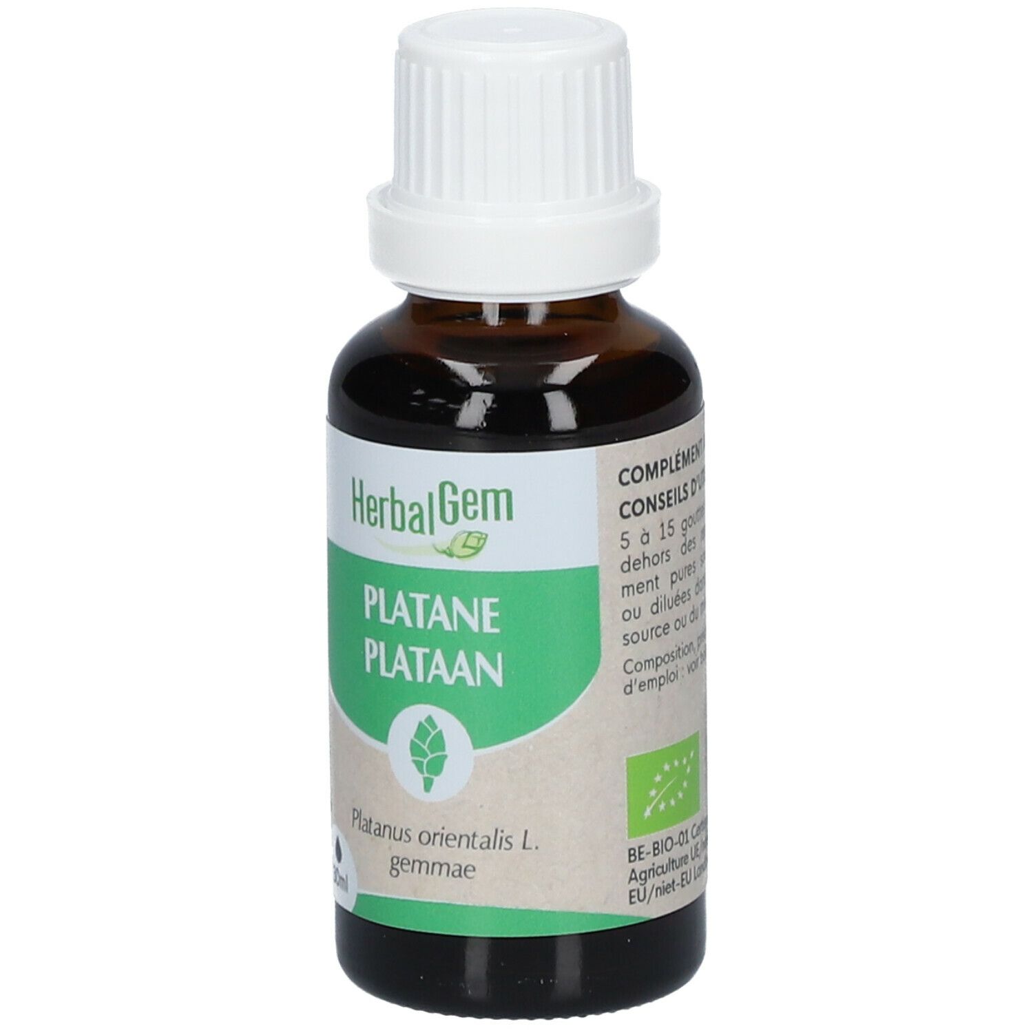 Braune Glasflasche mit weißem Verschluss. Etikett mit grünem Feld und Text: PLATANE PLATAAN. 30ml. Bio-Siegel.