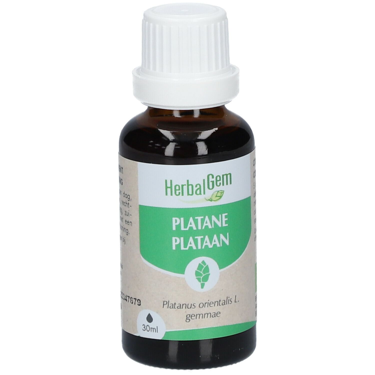 Braune Glasflasche mit weißem Verschluss. Etikett mit grünem Feld und Text: PLATANE PLATAAN. 30ml.