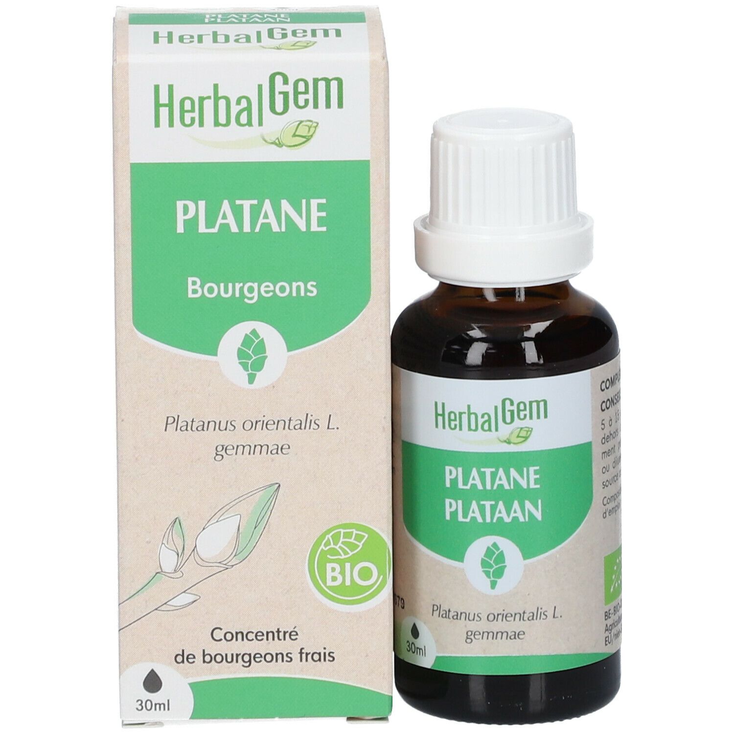 Braune Glasflasche mit weißem Verschluss und Karton. Karton mit Text: PLATANE Bourgeons. 30ml. Bio-Siegel.