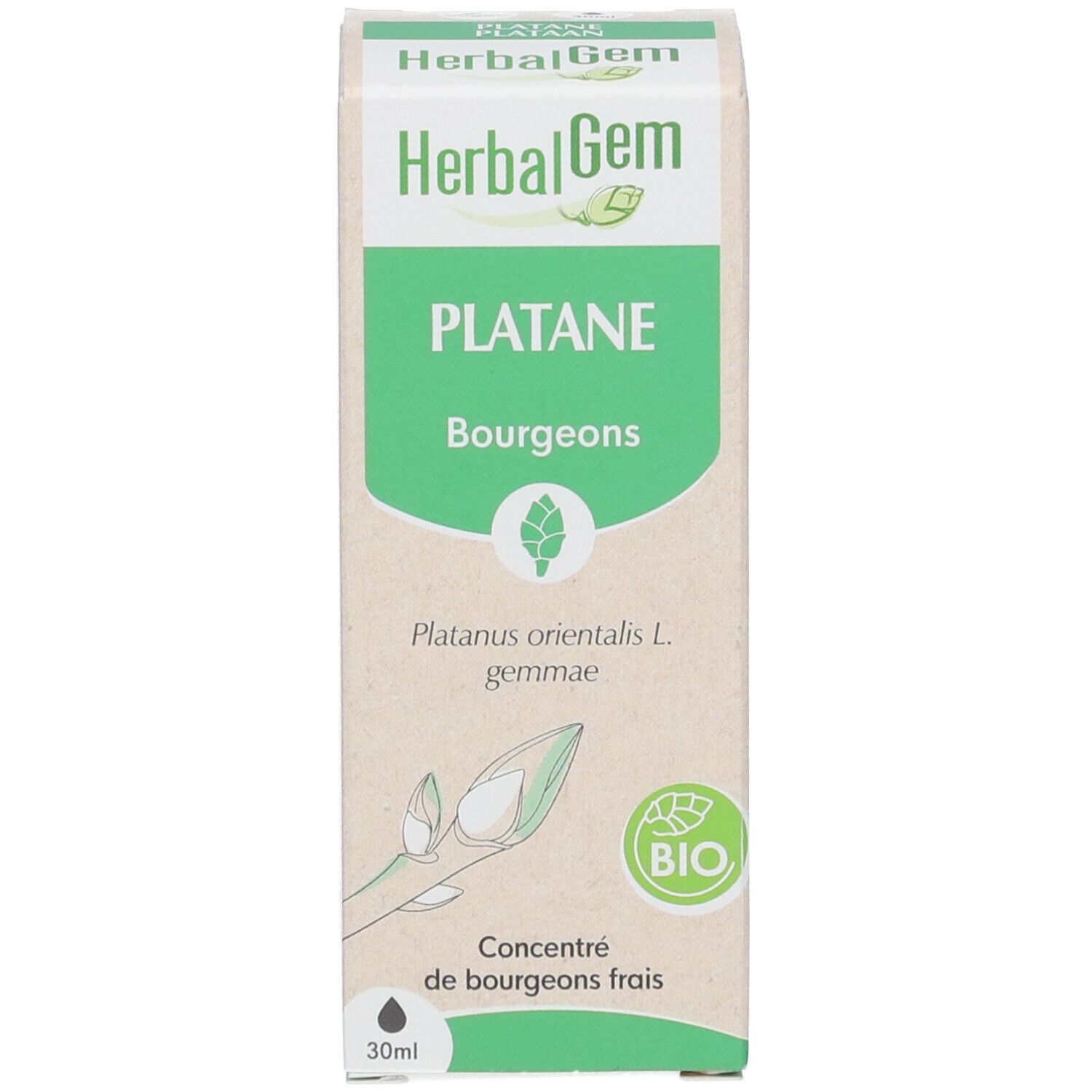 Karton mit Text: PLATANE Bourgeons. 30ml. Bio-Siegel. Abbildung von Blättern.