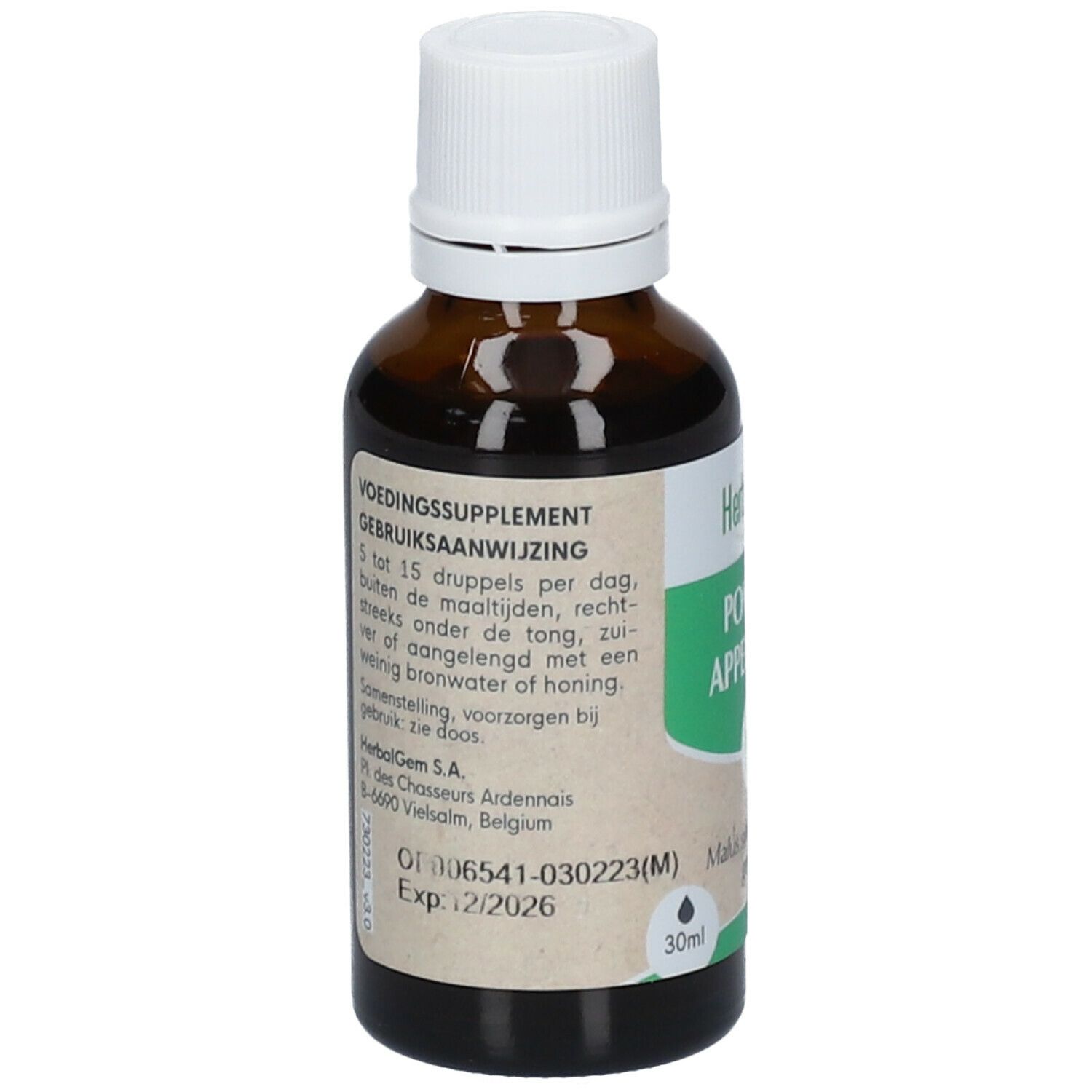 Vue arrière du flacon en verre brun. Texte: "VOEDINGSSUPPLEMENT". Expiration 2/2026. 30ml.