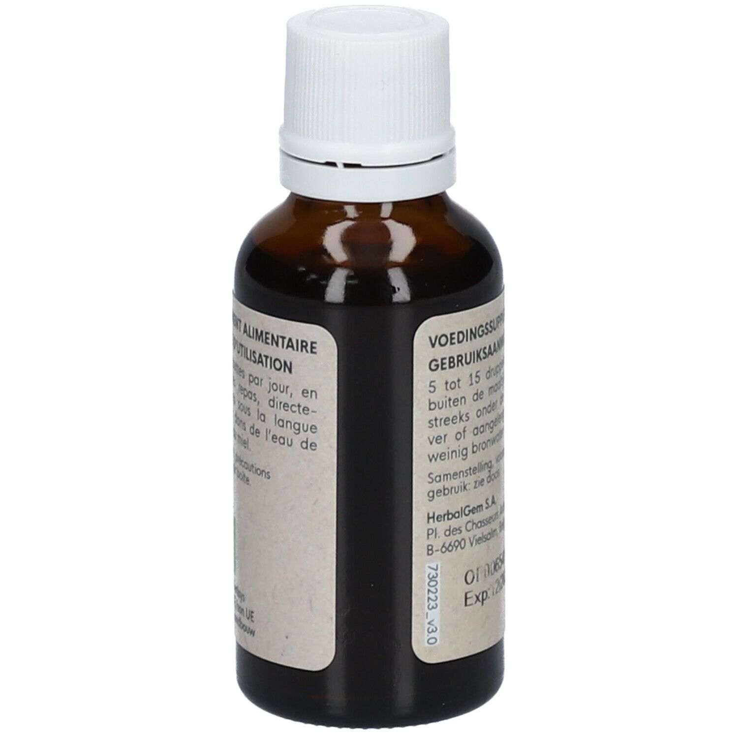 Vue arrière du flacon en verre brun. Texte: "VOEDINGSSUPPLEMENT". Informations fabricant. 30ml.