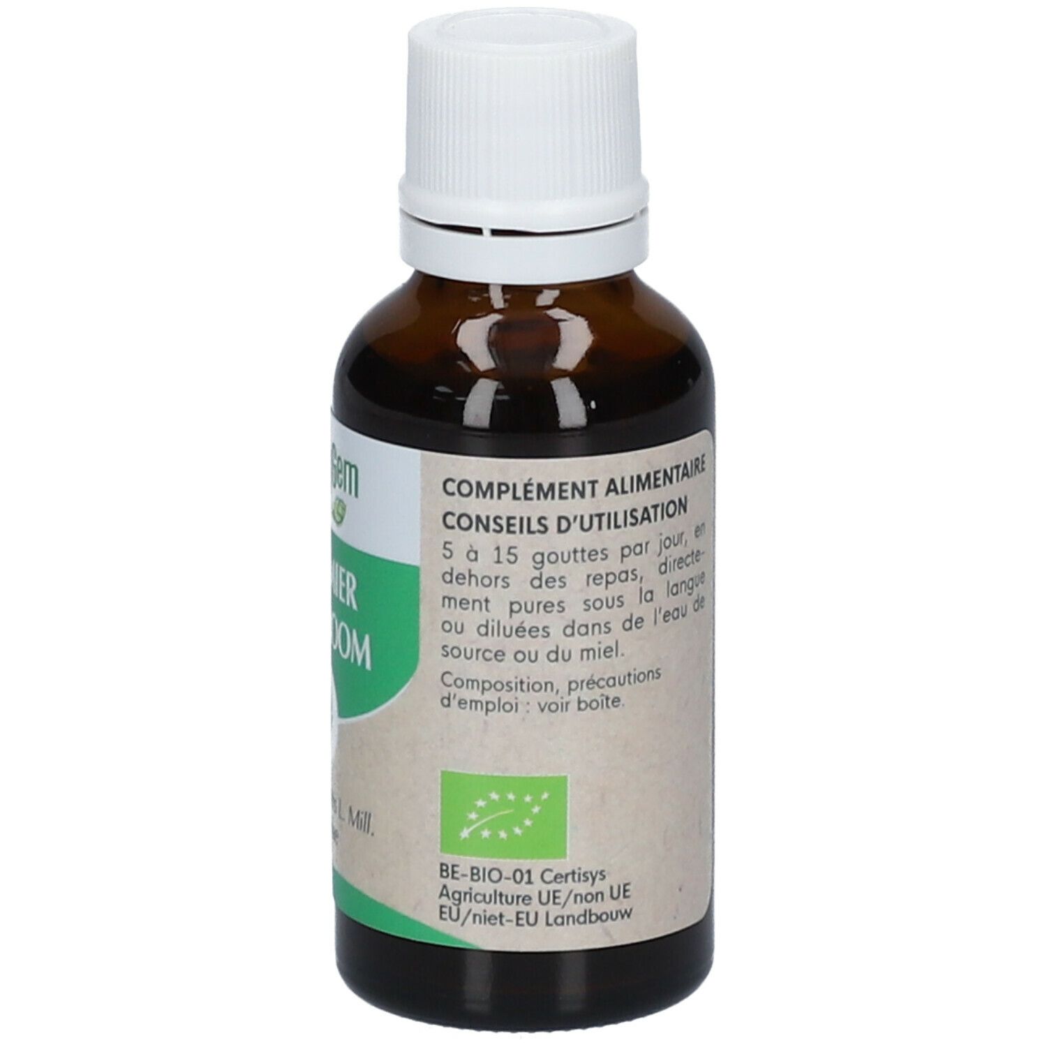 Flacon en verre brun, bouchon blanc. Étiquette "HerbalGem POMMIER". Label bio. 30ml.