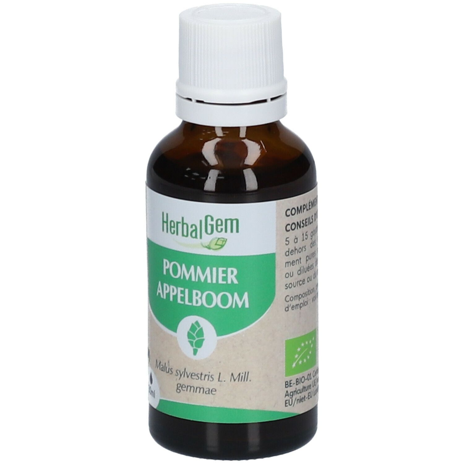 Flacon en verre brun, bouchon blanc. Étiquette "HerbalGem POMMIER". Label bio. 30ml.