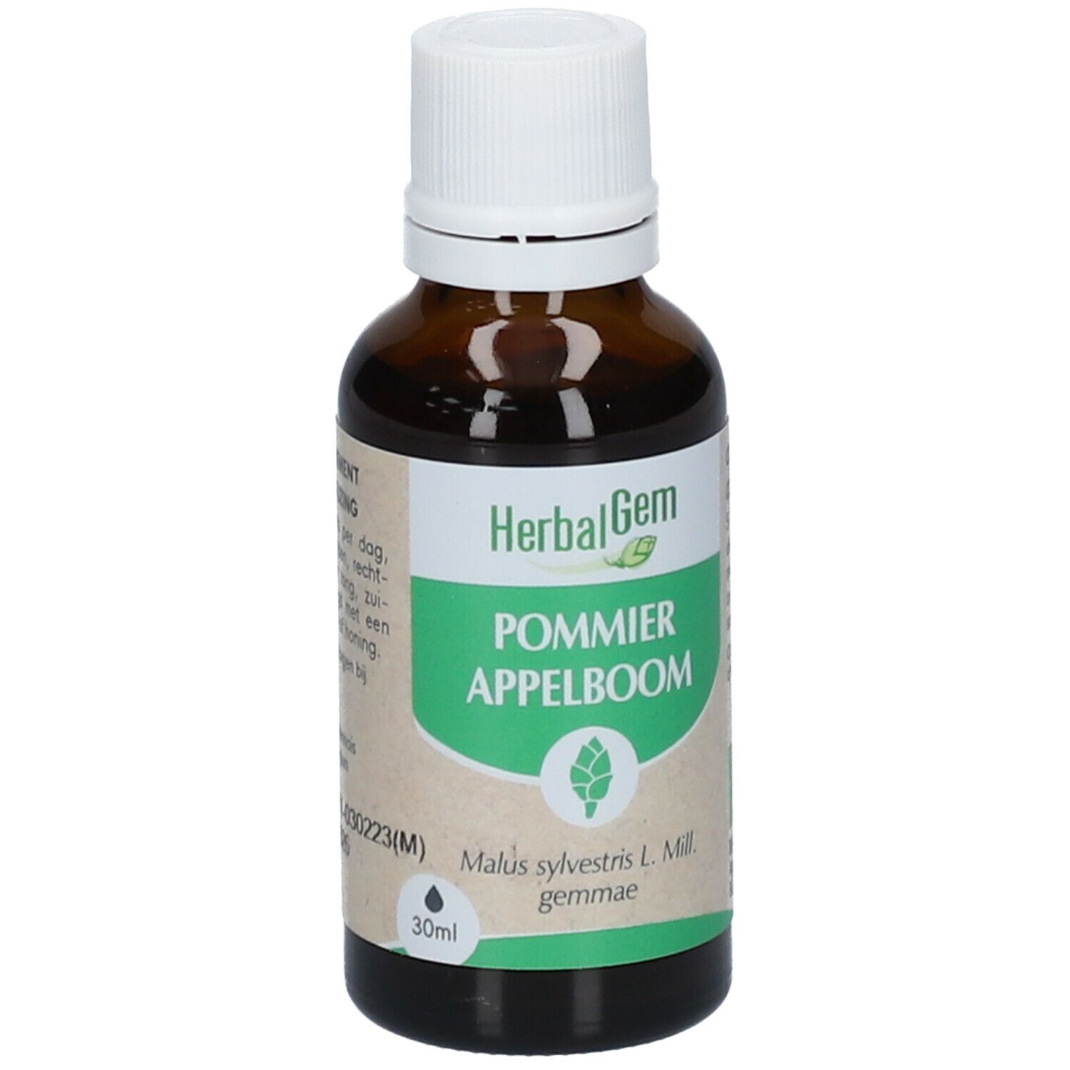 Flacon en verre brun, bouchon blanc. Étiquette "HerbalGem POMMIER". 30ml.