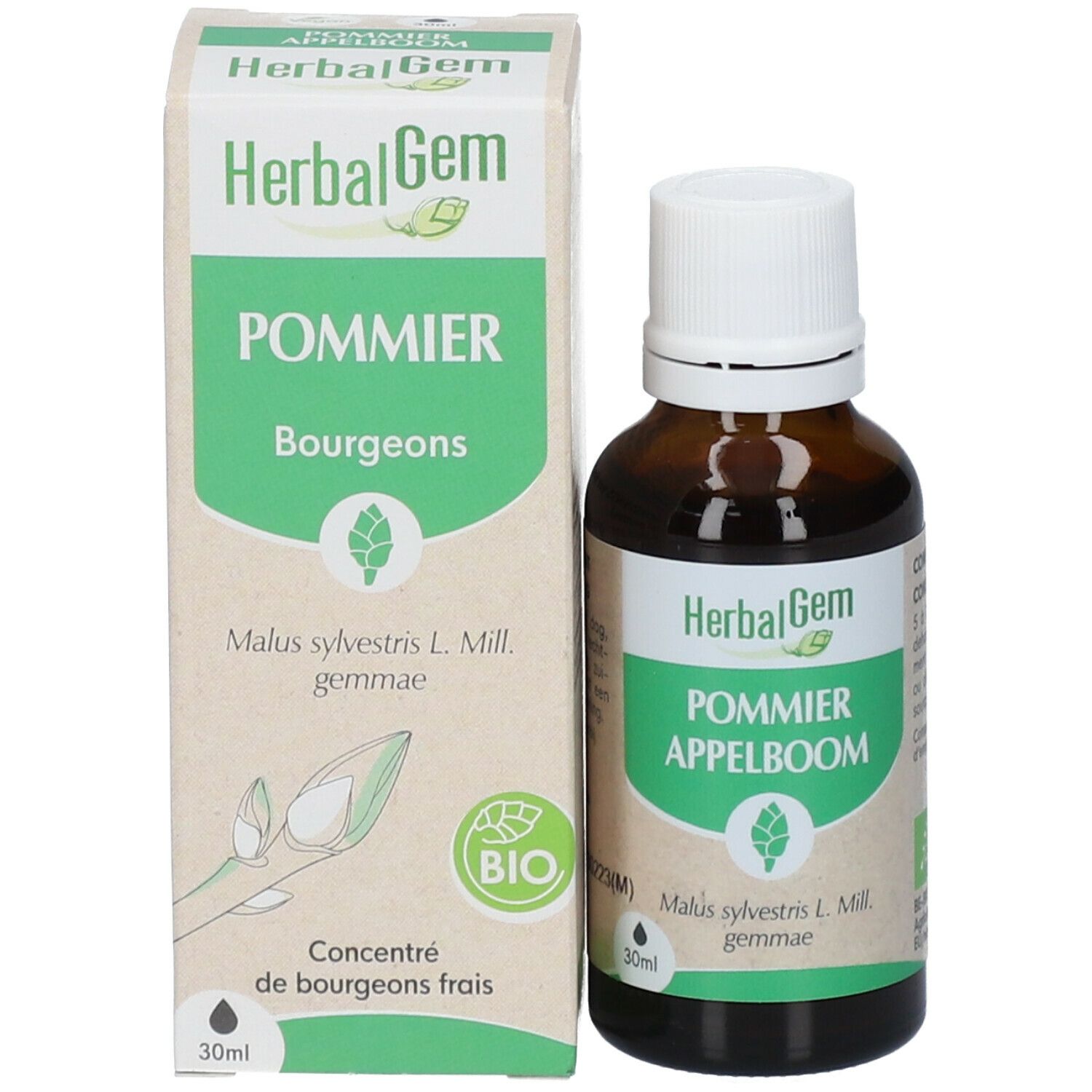 Produit avec emballage. Flacon brun et carton. Inscription "HerbalGem POMMIER Bourgeons". Label bio.