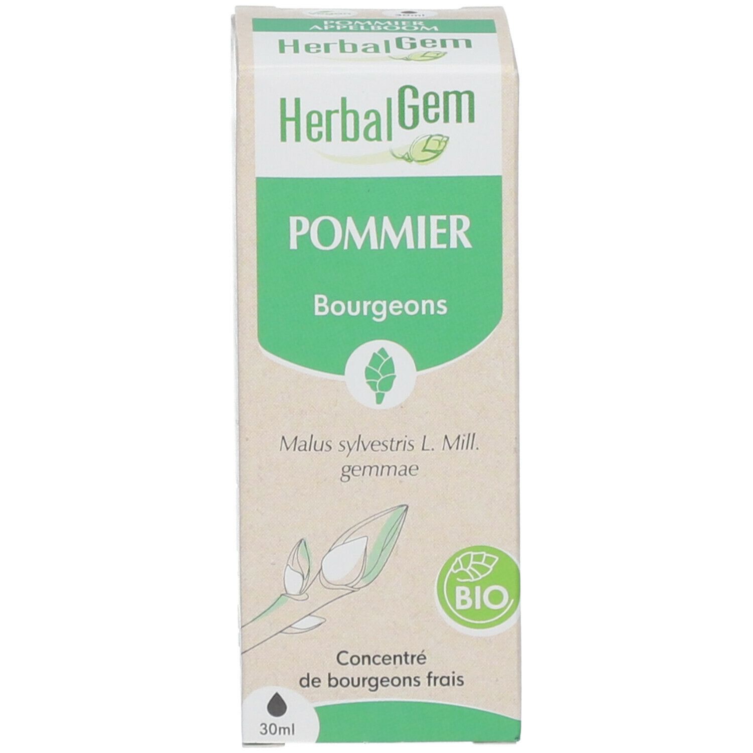 Emballage carton. Inscription "HerbalGem POMMIER Bourgeons". Label bio. 30ml.