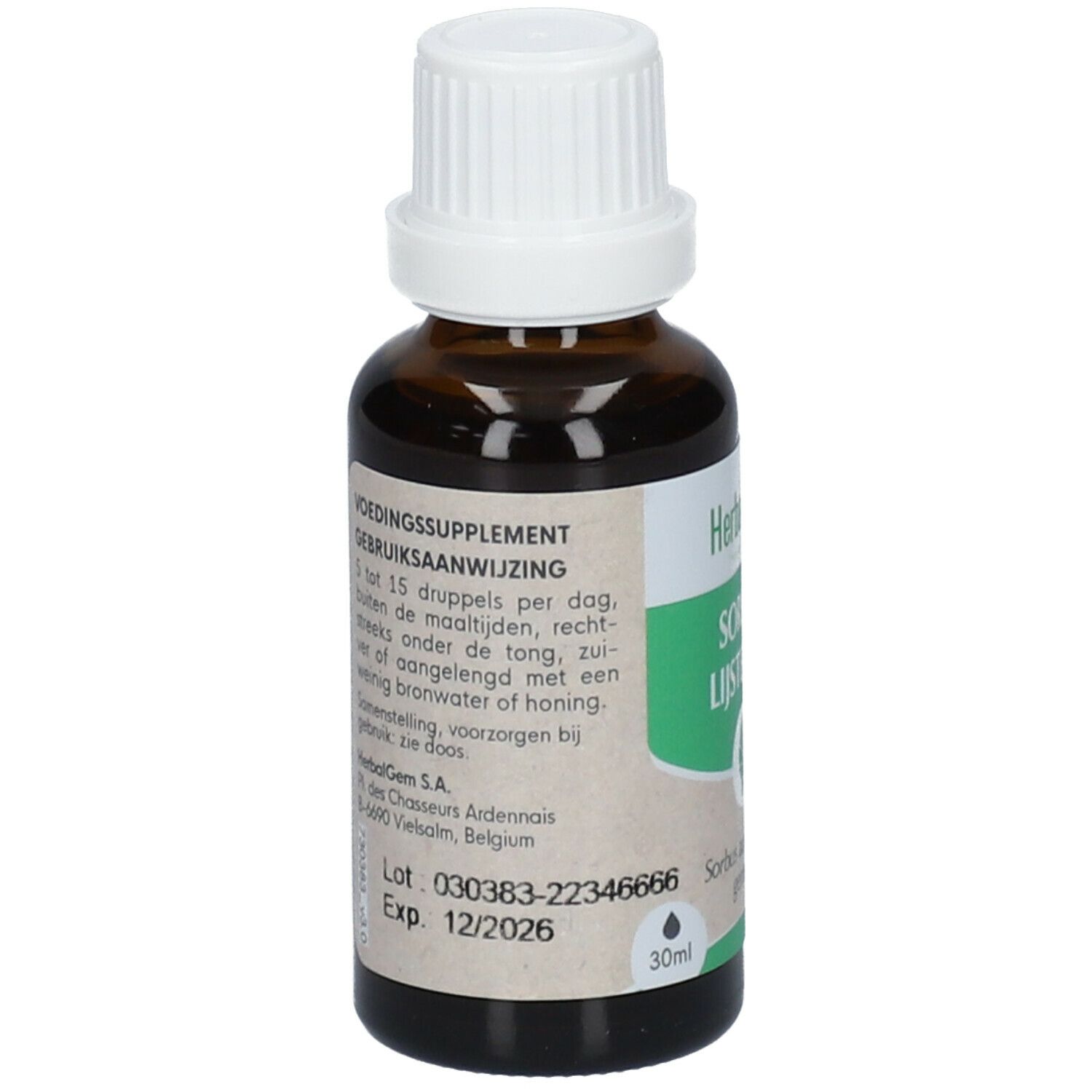 Flacon en verre brun avec bouchon blanc. Étiquette avec instructions d'utilisation et date de péremption. 30ml.