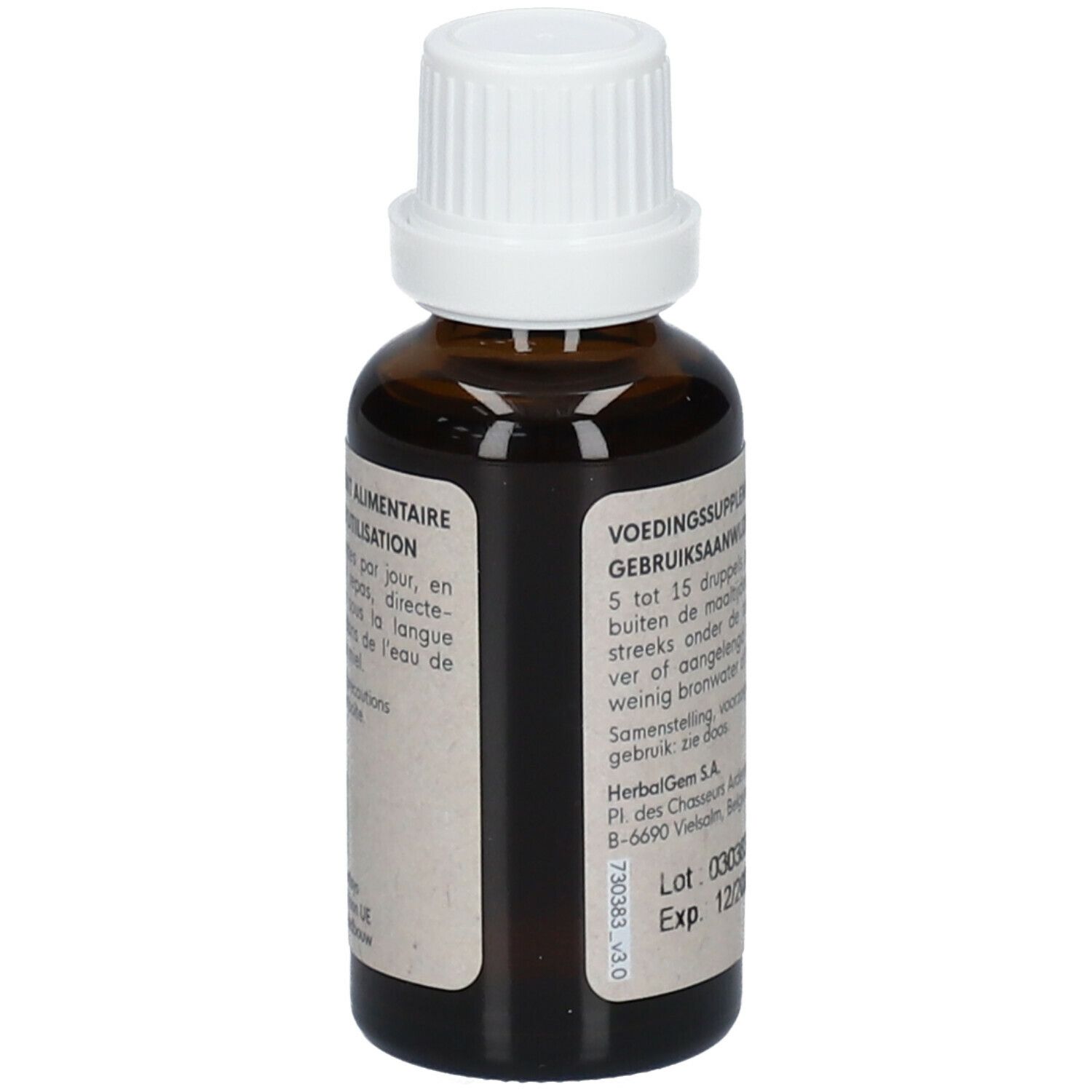 Flacon en verre brun avec bouchon blanc. Étiquette avec instructions d'utilisation. 30ml. Informations fabricant.